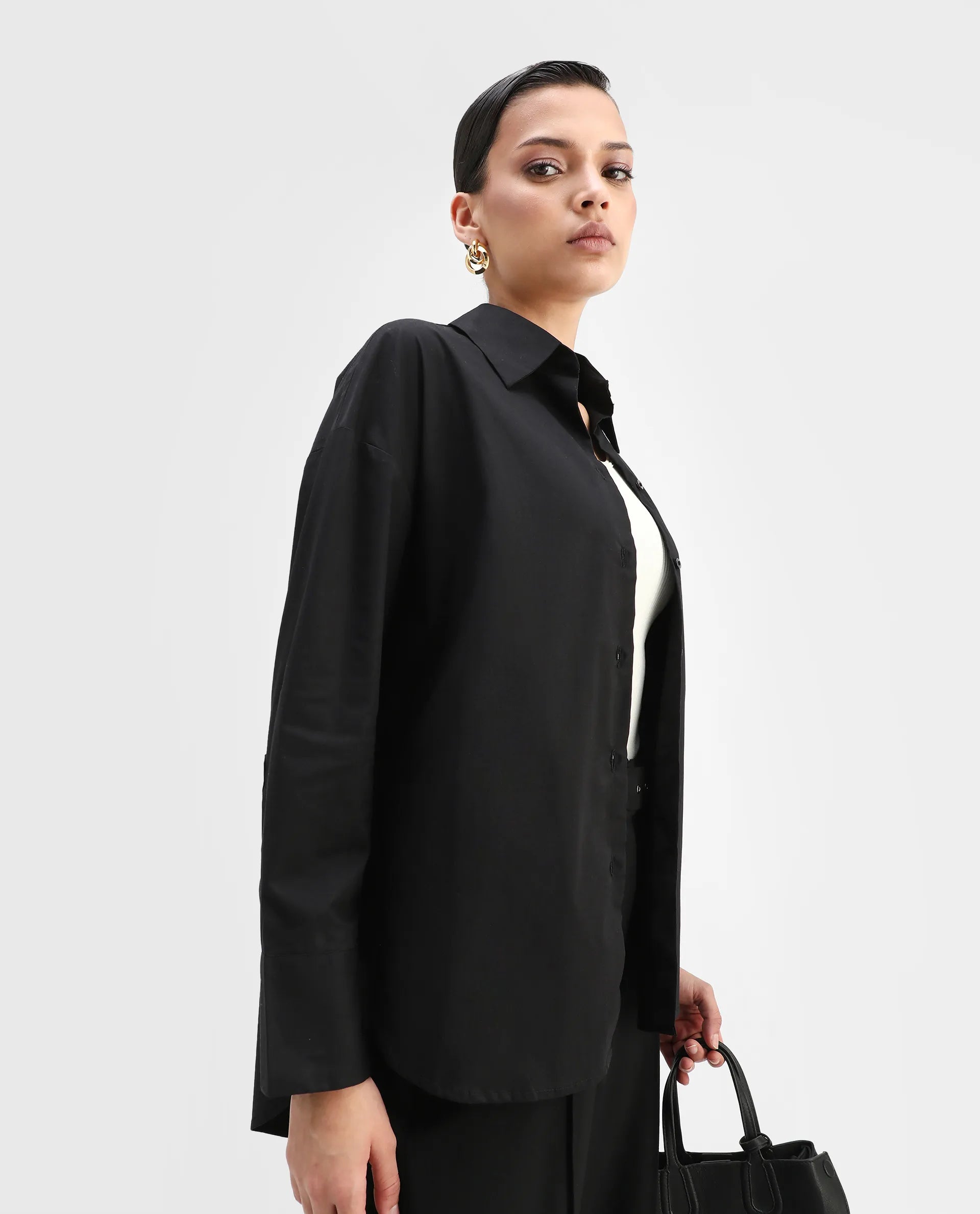 Rareism Women's Matsue Black Drop Collar Plain Cuffed Sleeve Boxy Fit Shirt