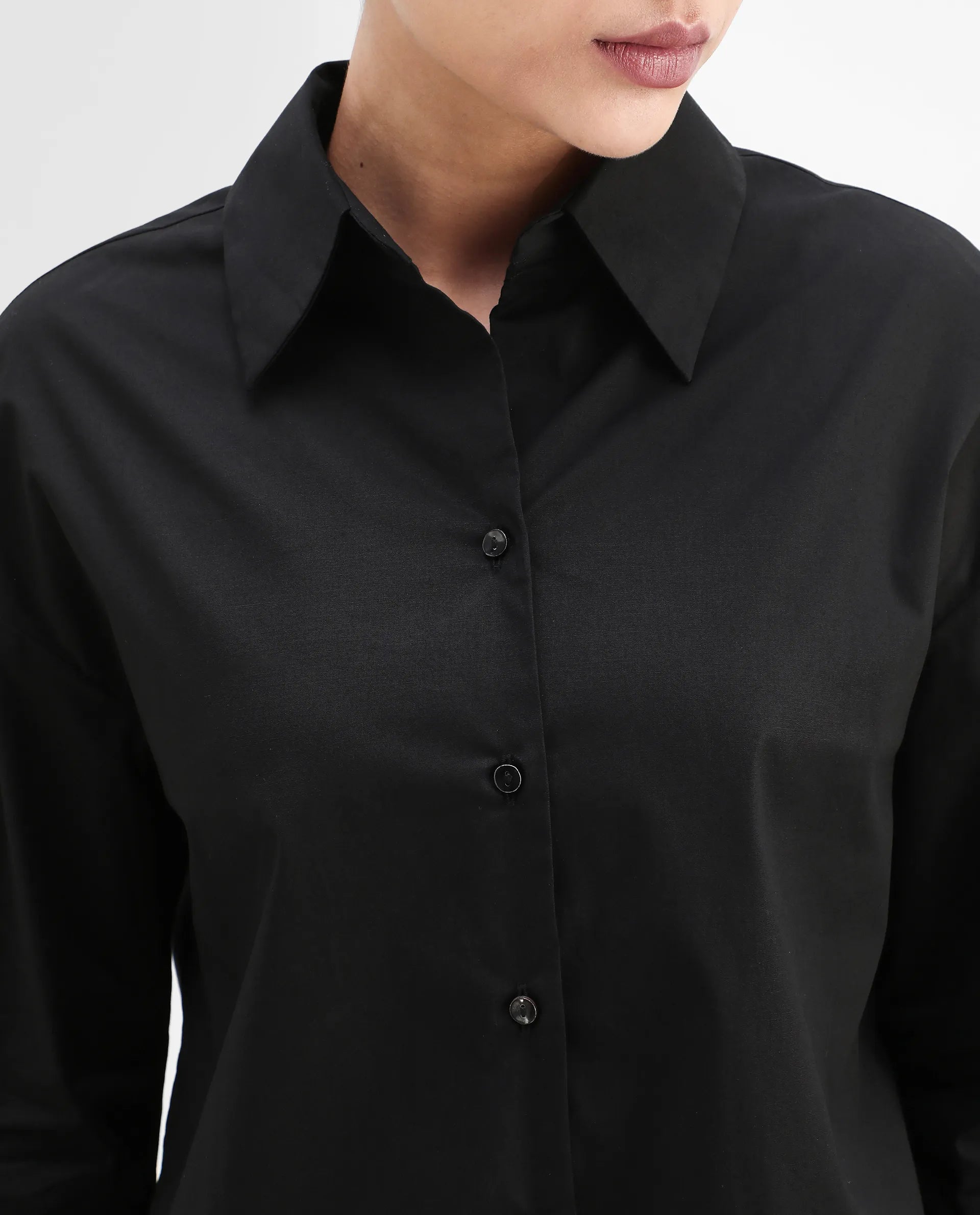 Rareism Women's Matsue Black Drop Collar Plain Cuffed Sleeve Boxy Fit Shirt