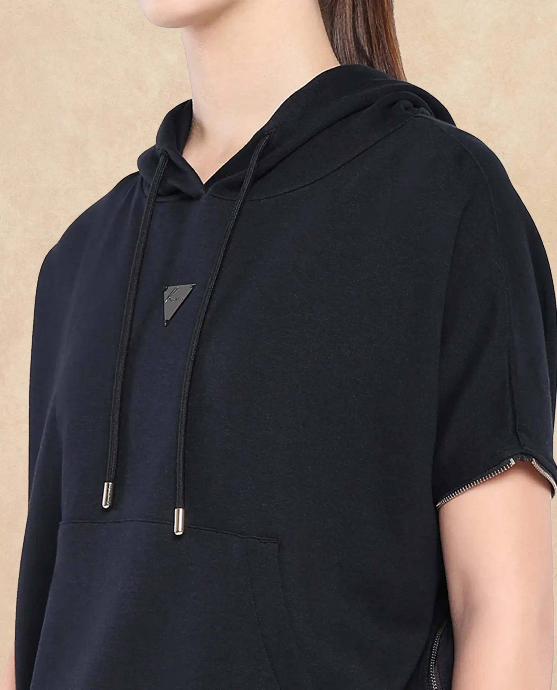 Rareism Women Matthew Black Cotton Blend Fabric Extended Sleeves Hooded Zipper Closure Relaxed Fit Plain Sweatshirt