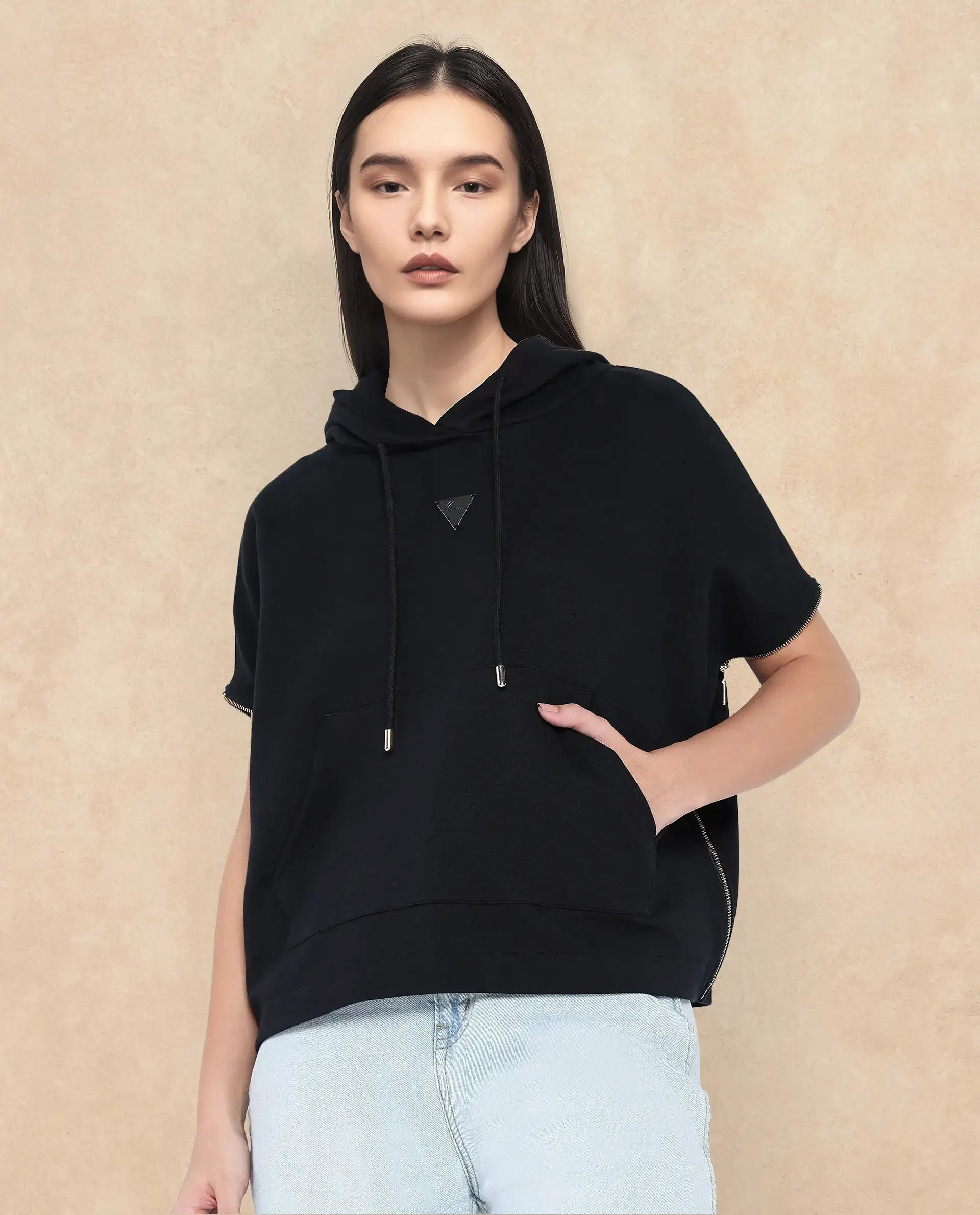 Rareism Women Matthew Black Cotton Blend Fabric Extended Sleeves Hooded Zipper Closure Relaxed Fit Plain Sweatshirt