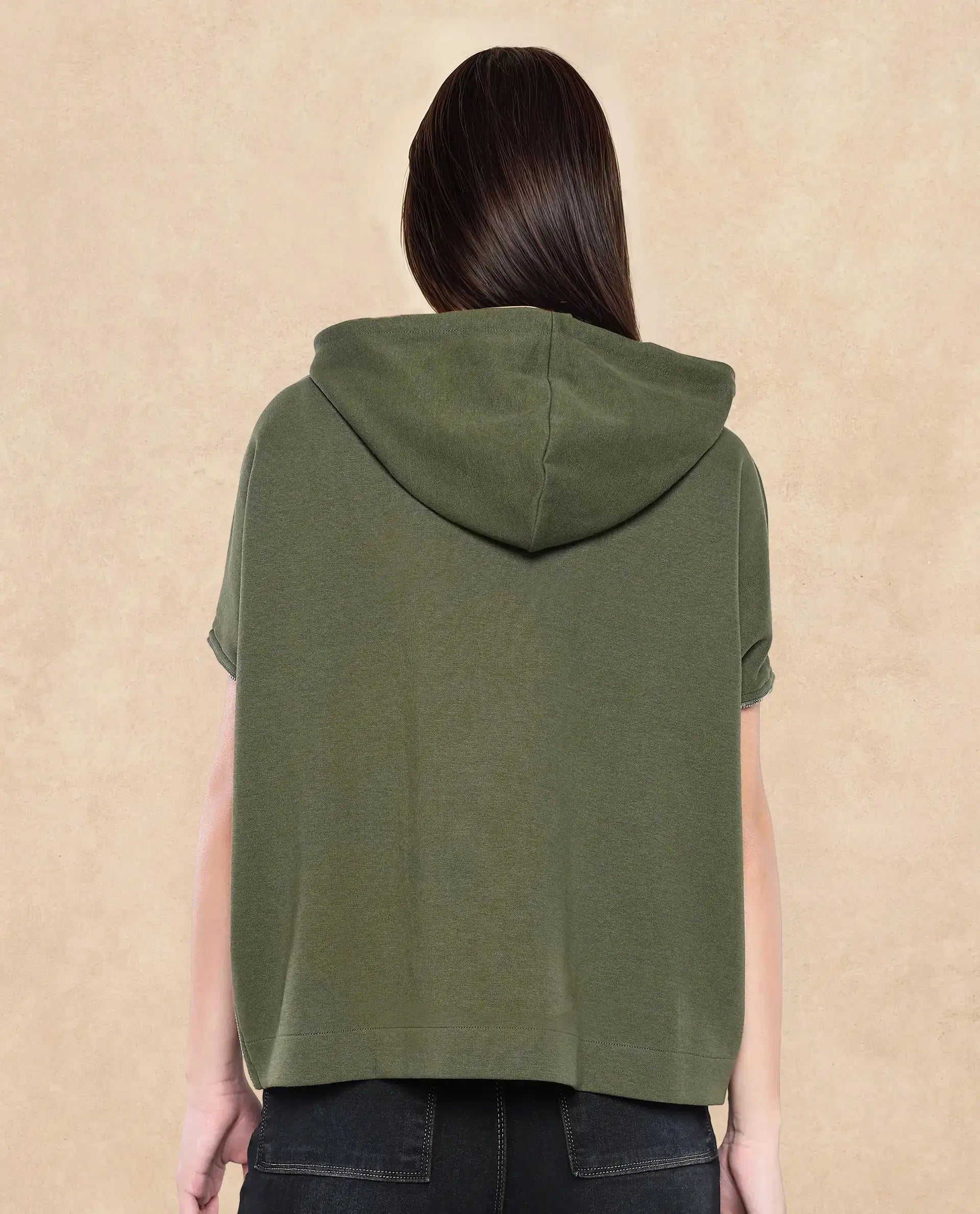 Rareism Women Matthew Olive Cotton Blend Fabric Extended Sleeves Hooded Zipper Closure Relaxed Fit Plain Sweatshirt
