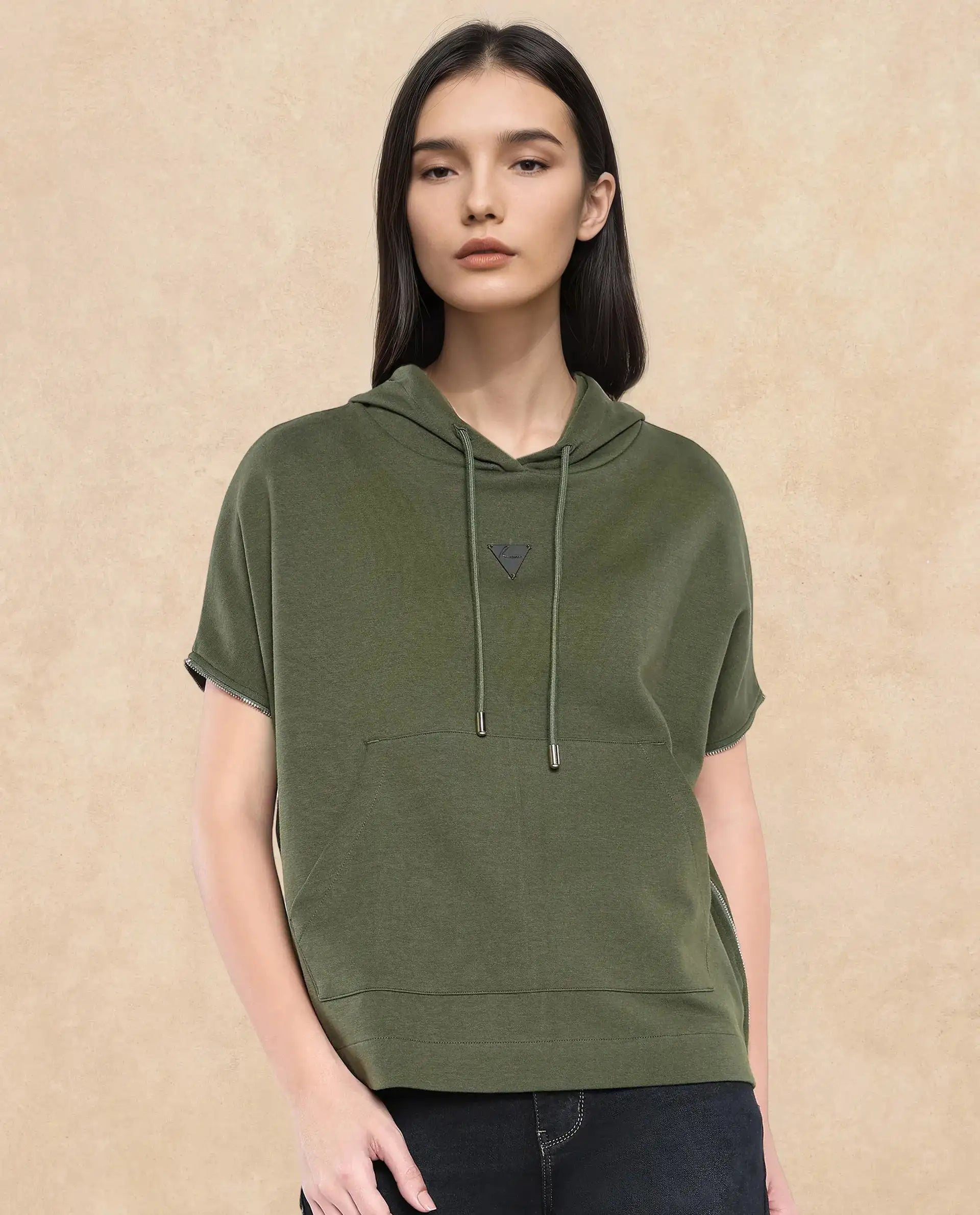 Rareism Women Matthew Olive Cotton Blend Fabric Extended Sleeves Hooded Zipper Closure Relaxed Fit Plain Sweatshirt