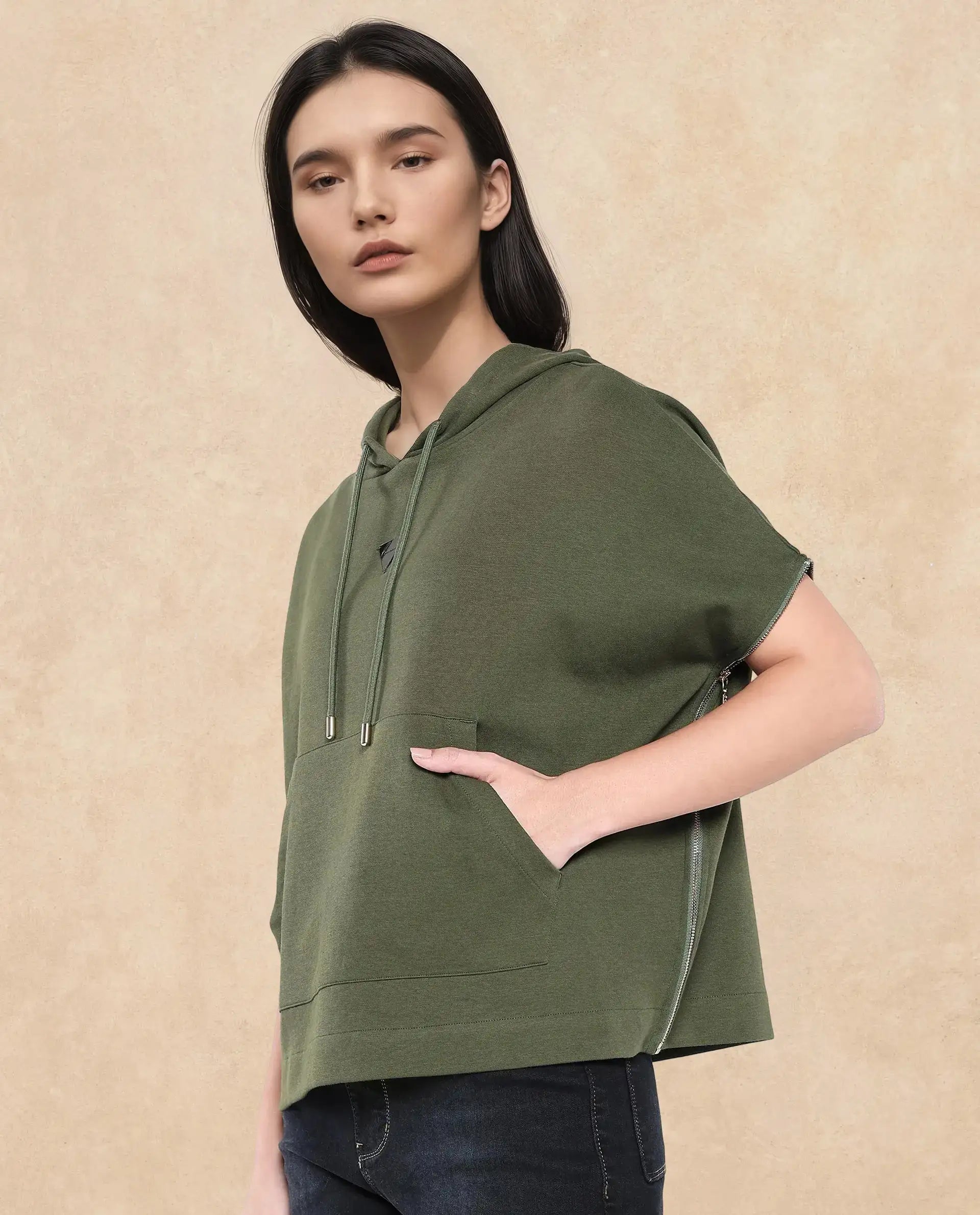 Rareism Women Matthew Olive Cotton Blend Fabric Extended Sleeves Hooded Zipper Closure Relaxed Fit Plain Sweatshirt