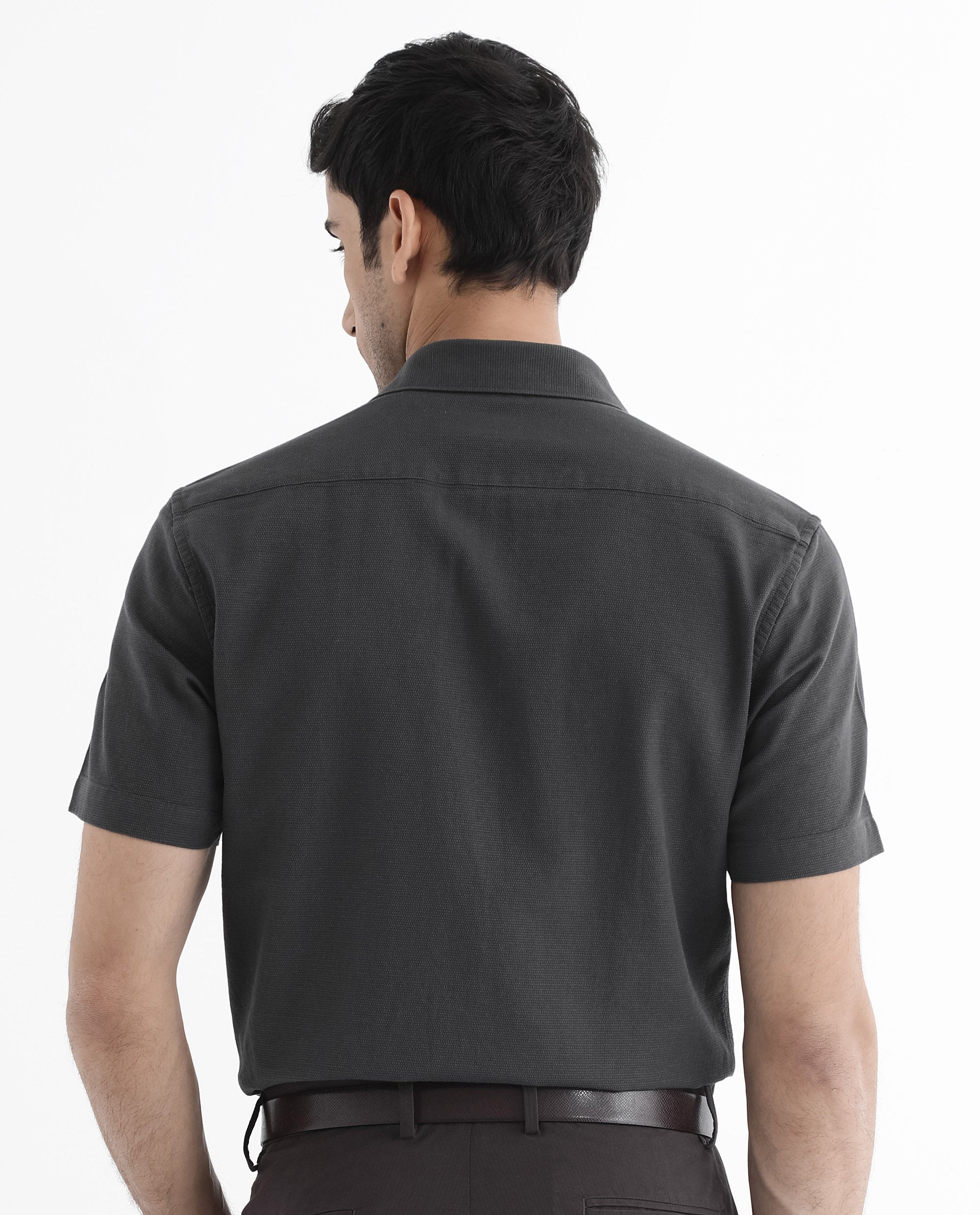 Rare Rabbit Men Matto-1 Dark Grey Cotton Fabric Short Sleeve Regular Fit Self Stripe Dobby Shirt