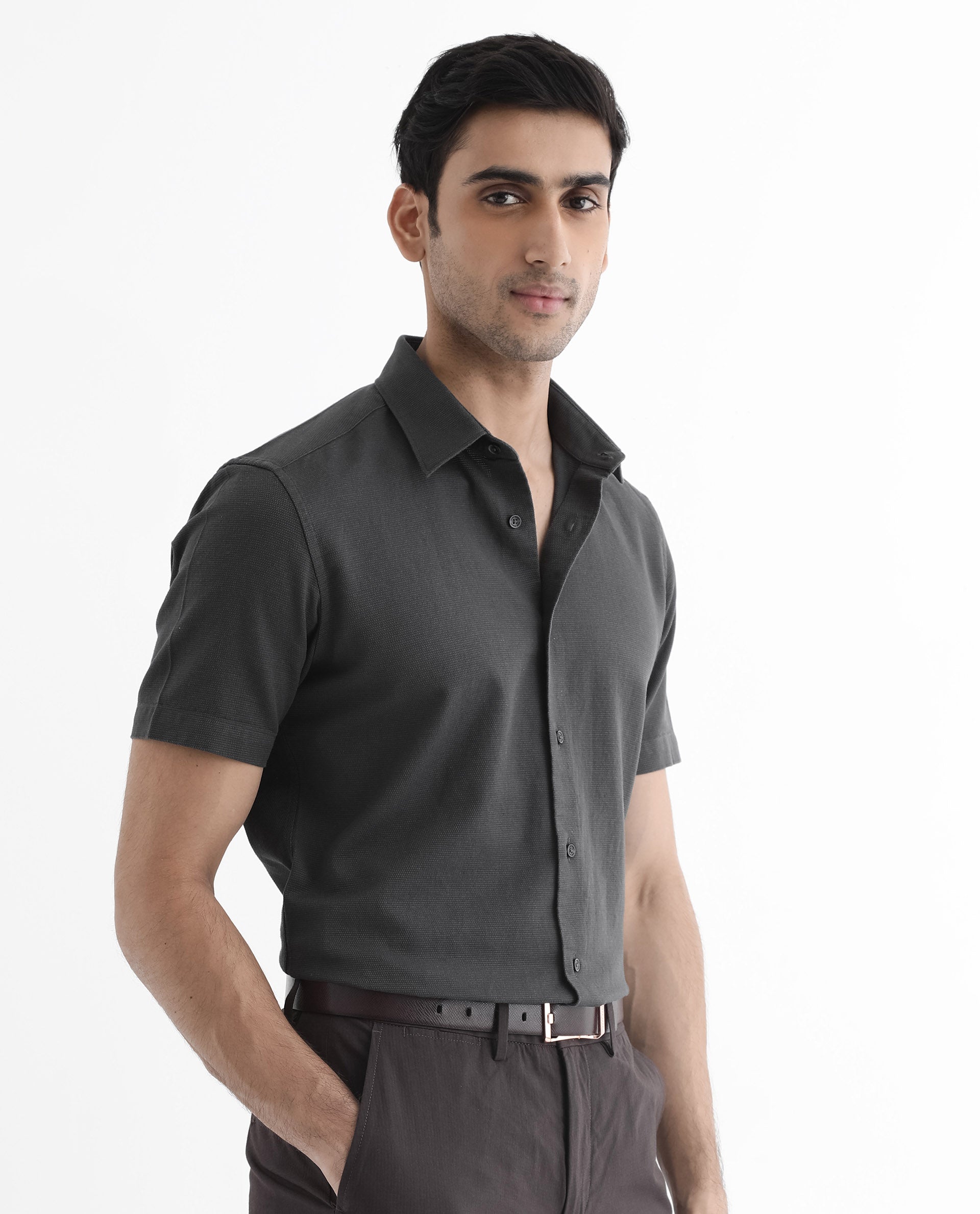 Rare Rabbit Men Matto-1 Dark Grey Cotton Fabric Short Sleeve Regular Fit Self Stripe Dobby Shirt