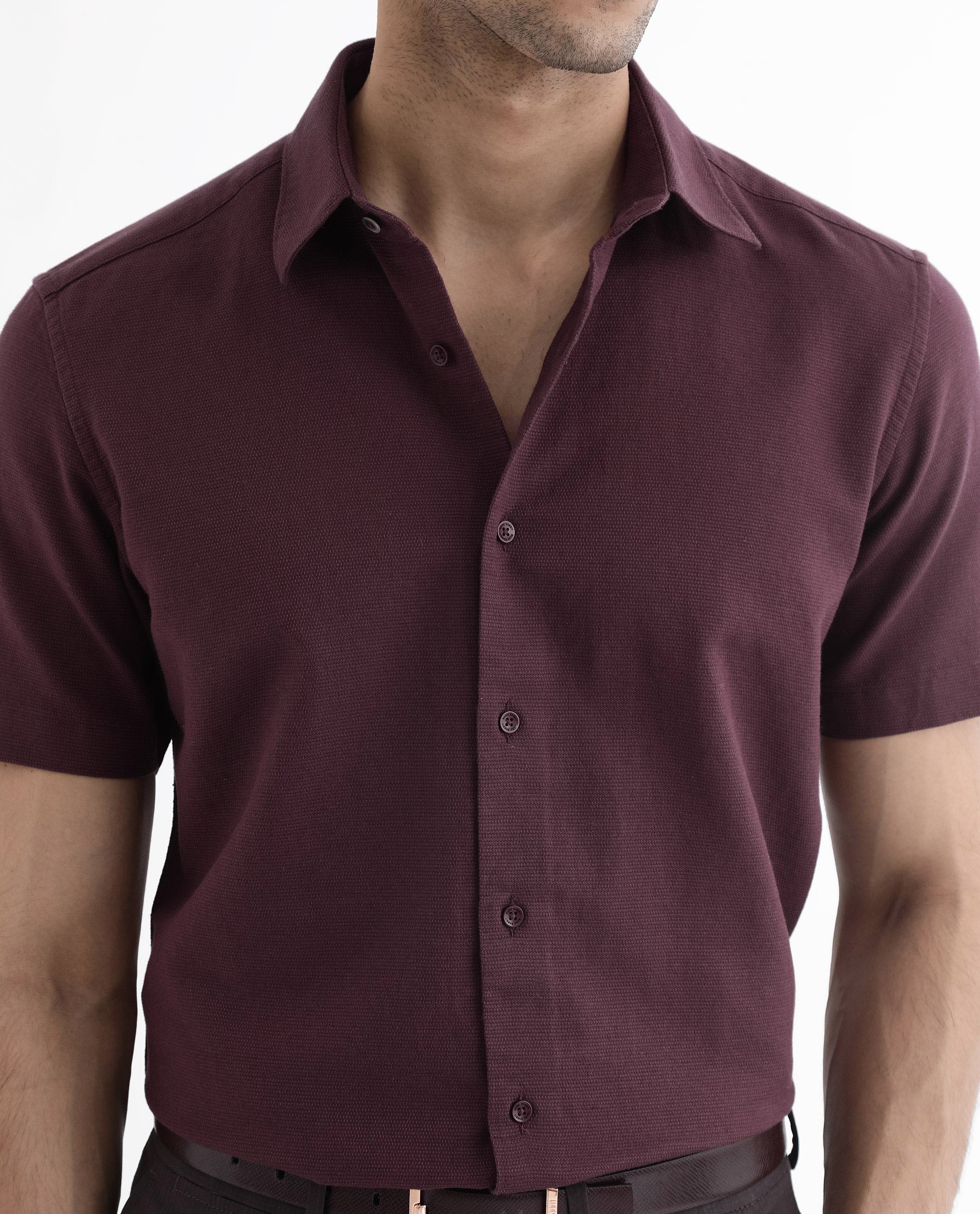 Rare Rabbit Men's Matto-1 Maroon Cotton Fabric Short Sleeve Regular Fit Self Stripe Dobby Shirt