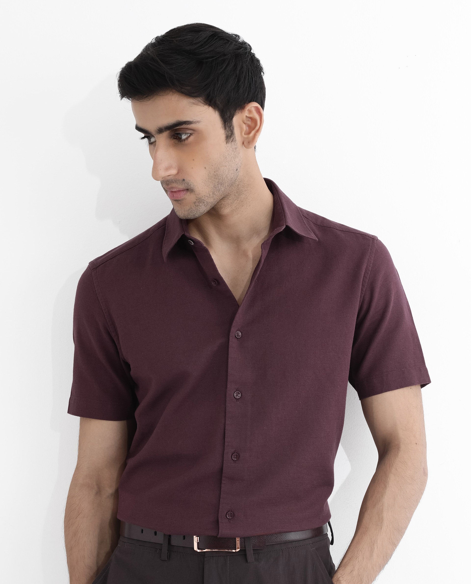 Rare Rabbit Men's Matto-1 Maroon Cotton Fabric Short Sleeve Regular Fit Self Stripe Dobby Shirt