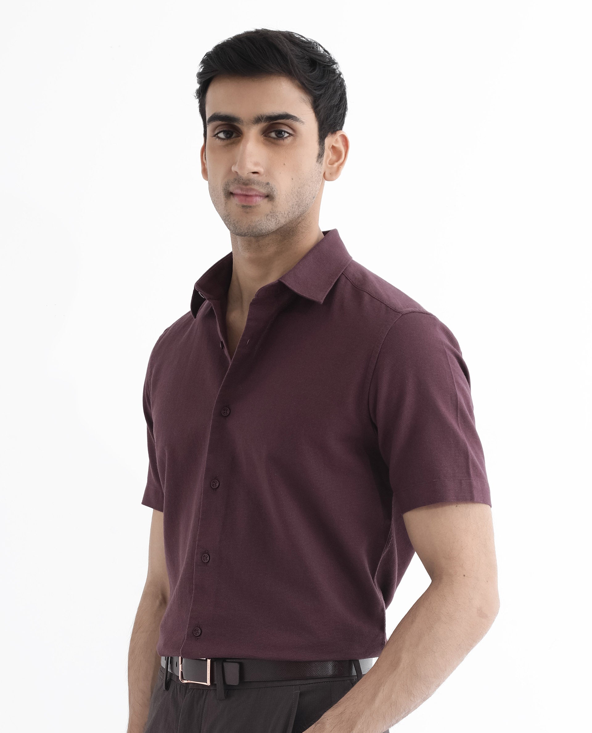 Rare Rabbit Men's Matto-1 Maroon Cotton Fabric Short Sleeve Regular Fit Self Stripe Dobby Shirt