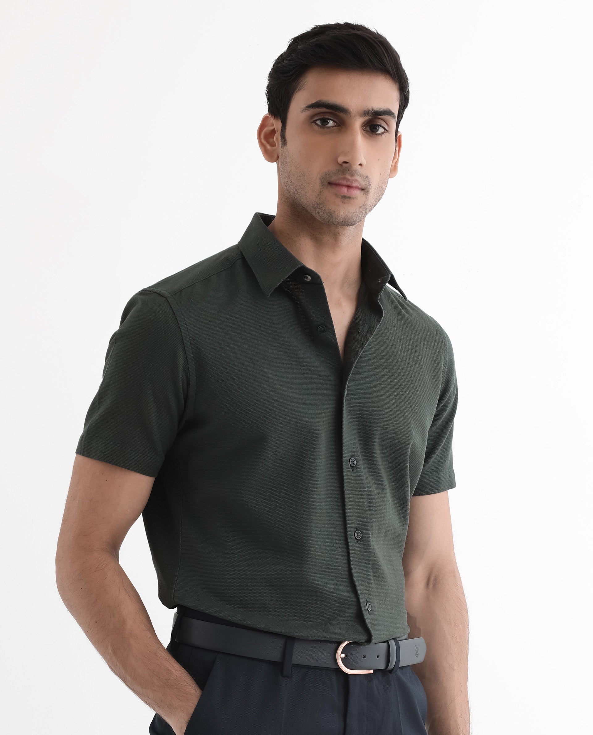 Rare Rabbit Men Matto-1 Dark Green Cotton Fabric Short Sleeve Regular Fit Self Stripe Dobby Shirt