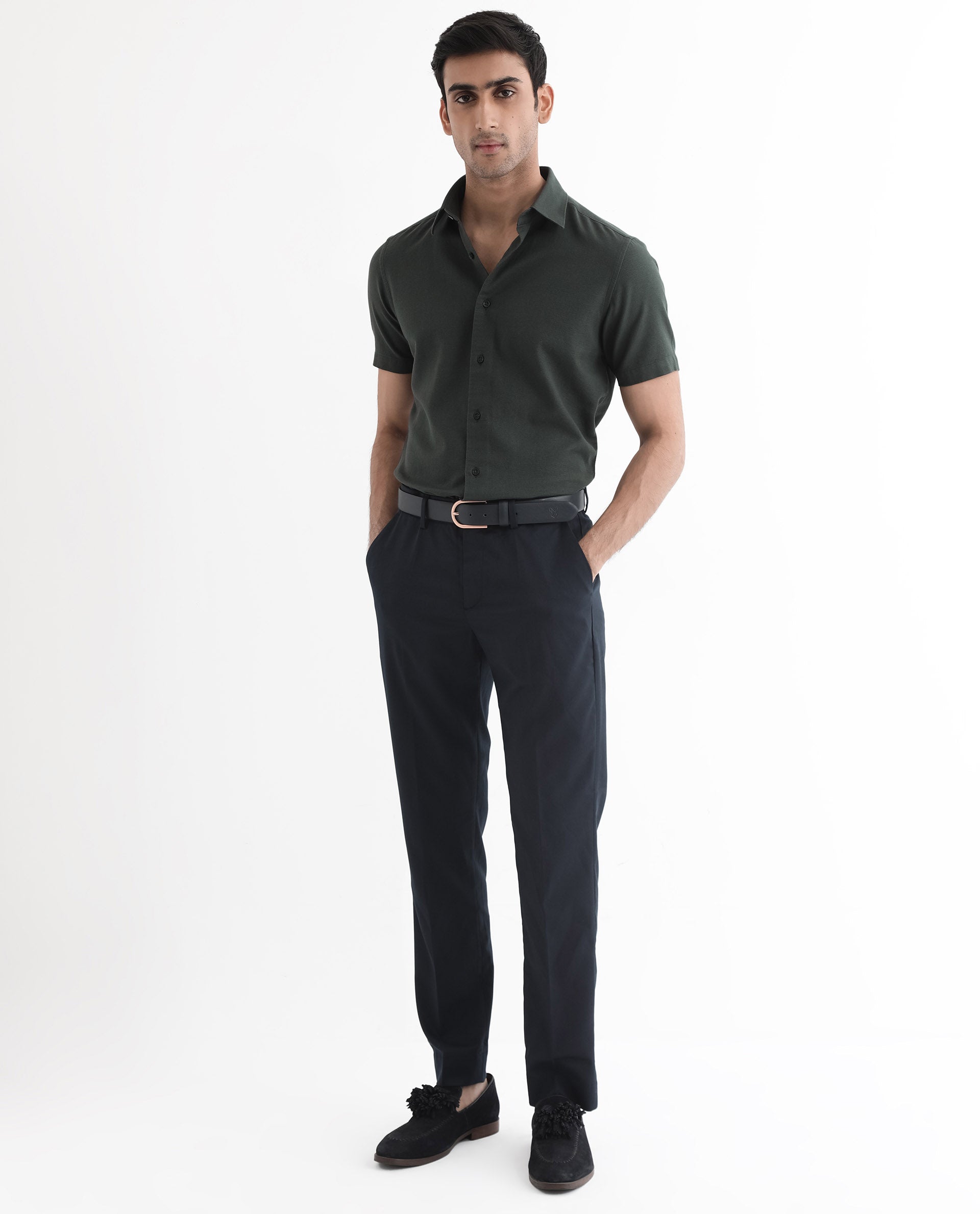 Rare Rabbit Men Matto-1 Dark Green Cotton Fabric Short Sleeve Regular Fit Self Stripe Dobby Shirt