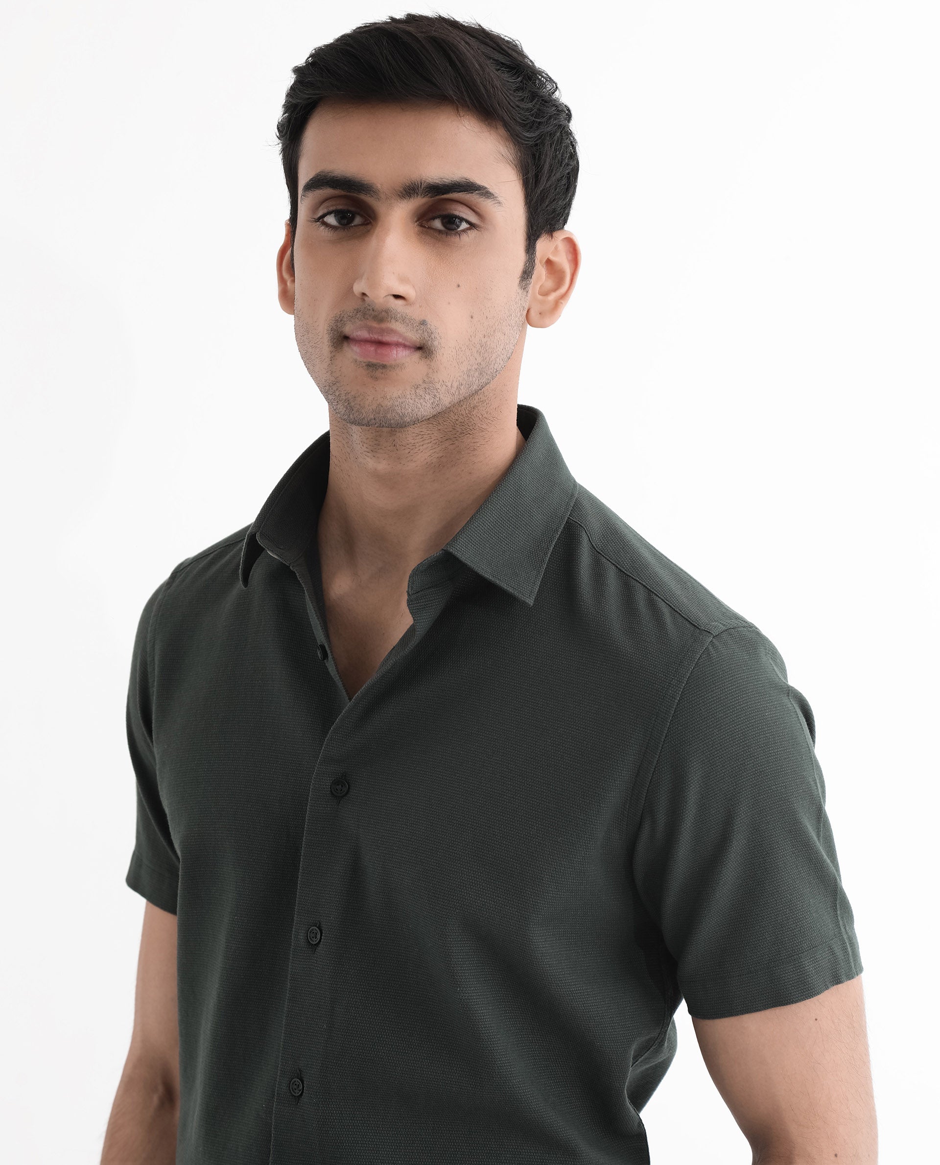 Rare Rabbit Men Matto-1 Dark Green Cotton Fabric Short Sleeve Regular Fit Self Stripe Dobby Shirt