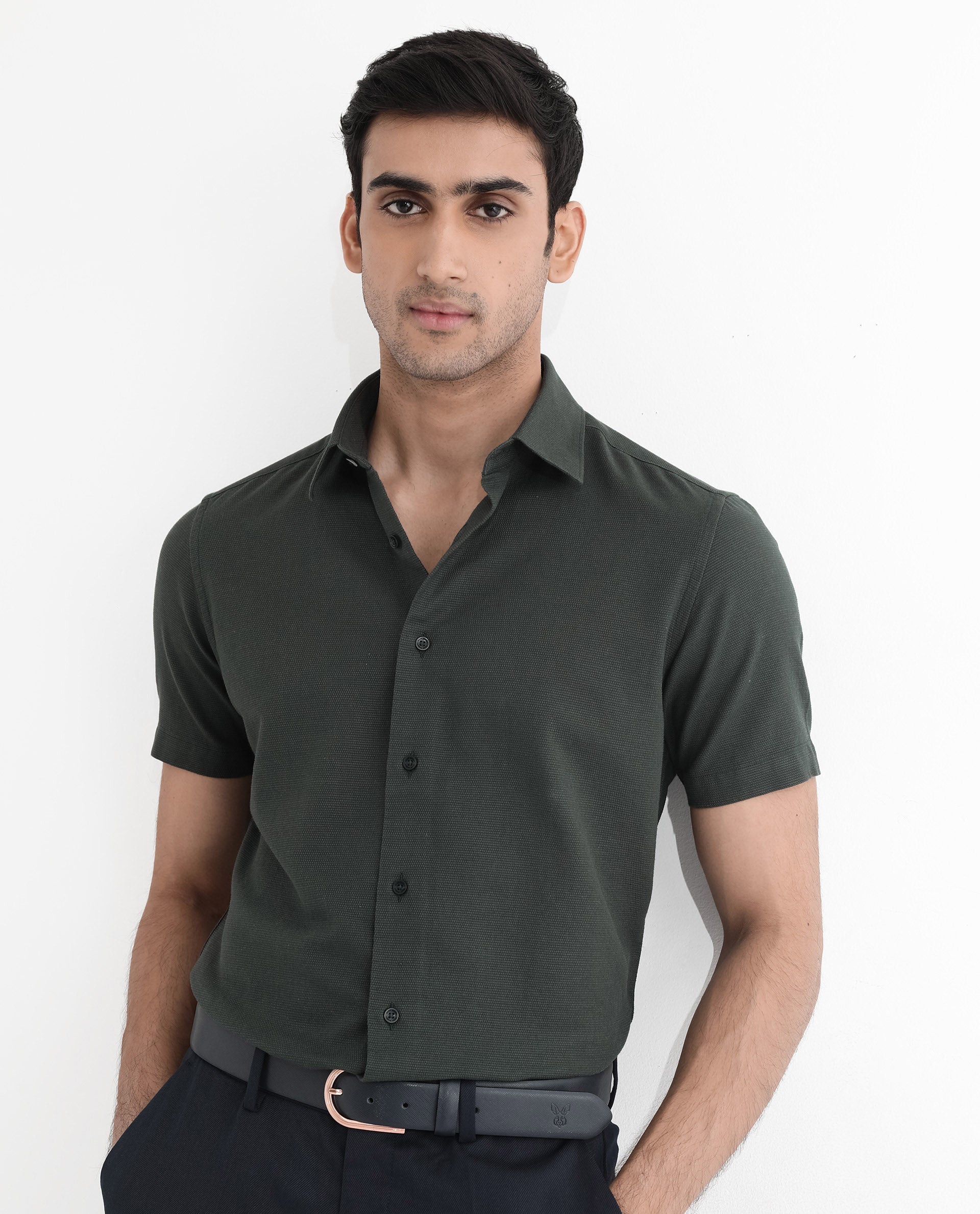 Rare Rabbit Men Matto-1 Dark Green Cotton Fabric Short Sleeve Regular Fit Self Stripe Dobby Shirt