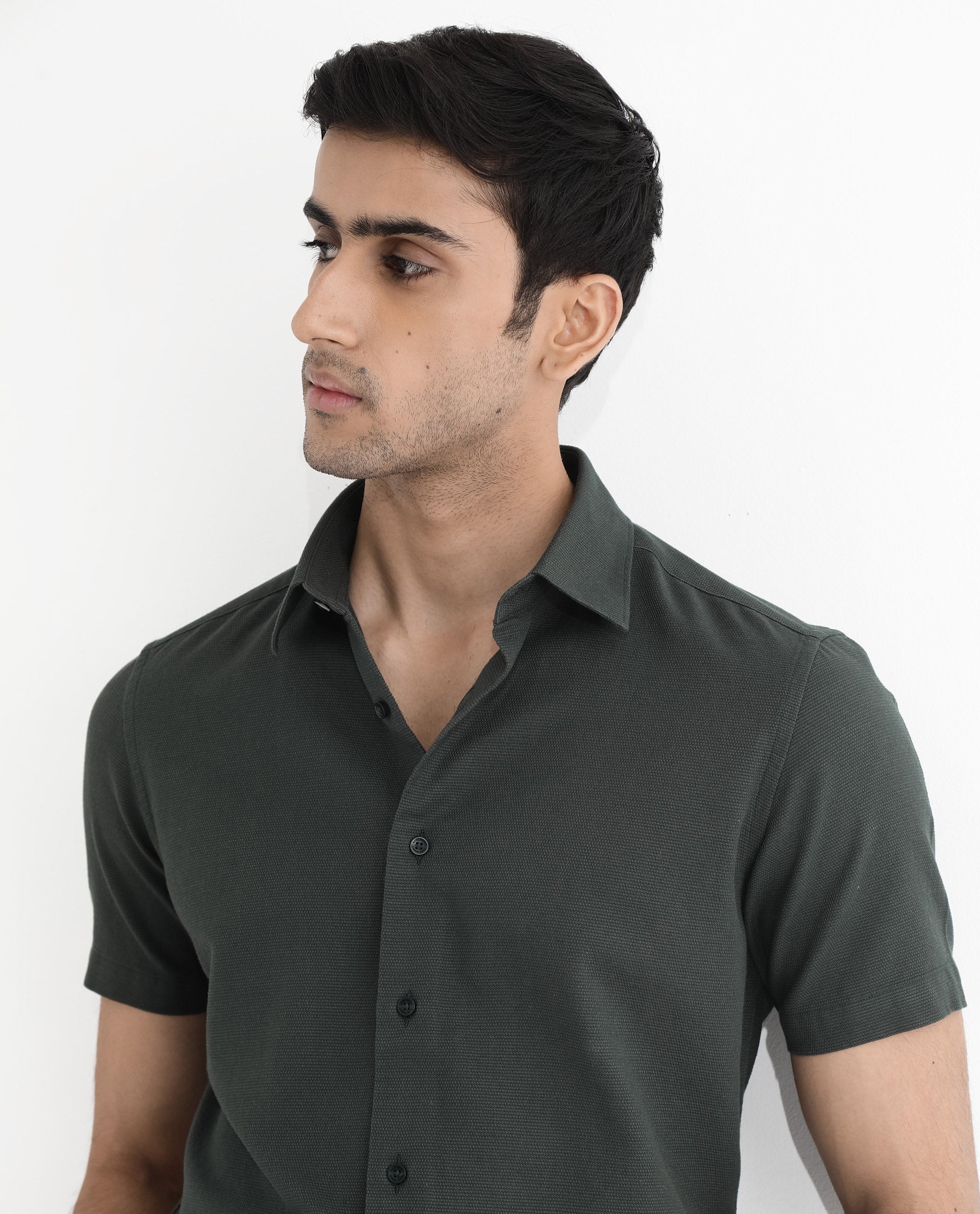 Rare Rabbit Men Matto-1 Dark Green Cotton Fabric Short Sleeve Regular Fit Self Stripe Dobby Shirt