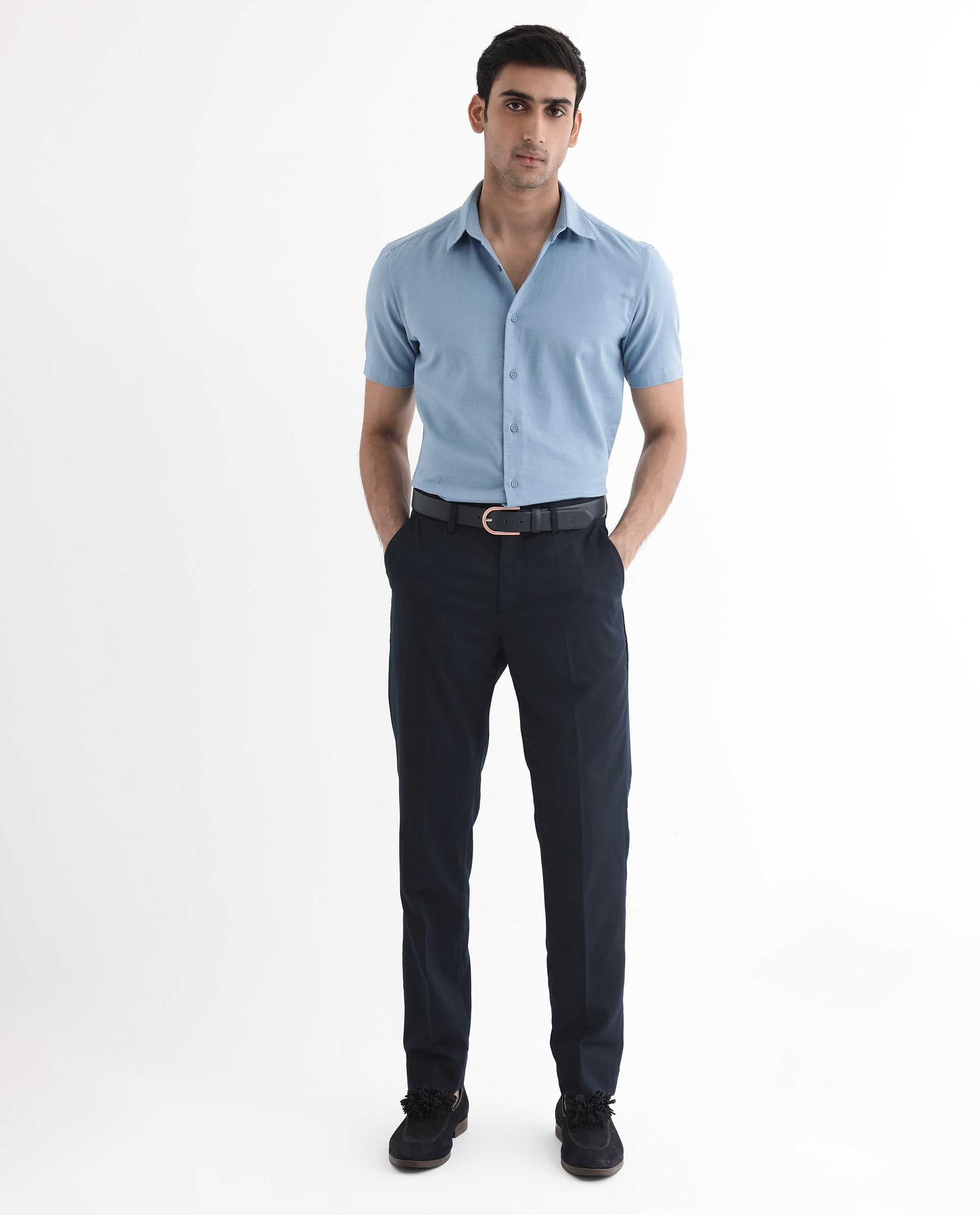 Rare Rabbit Men Matto-1 Dusky Blue Cotton Fabric Short Sleeve Regular Fit Self Stripe Dobby Shirt