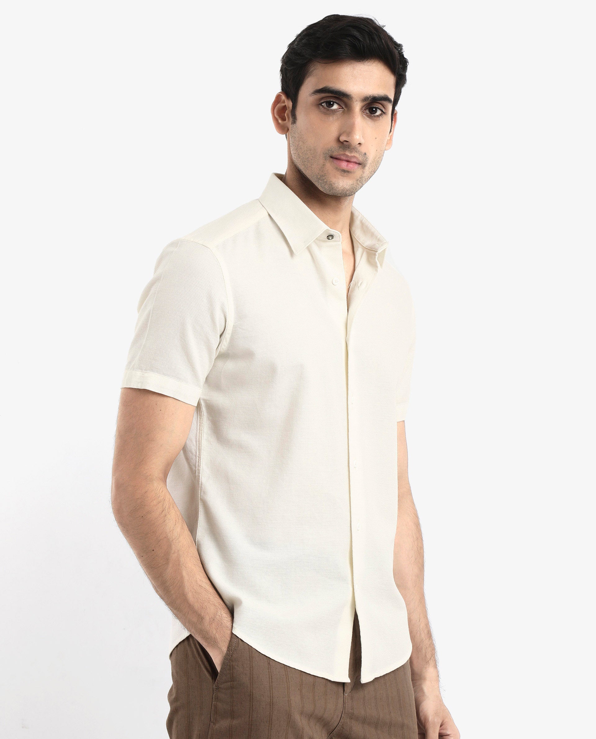 Rare Rabbit Men's Matto-1 White Cotton Fabric Short Sleeve Regular Fit Self Stripe Dobby Shirt