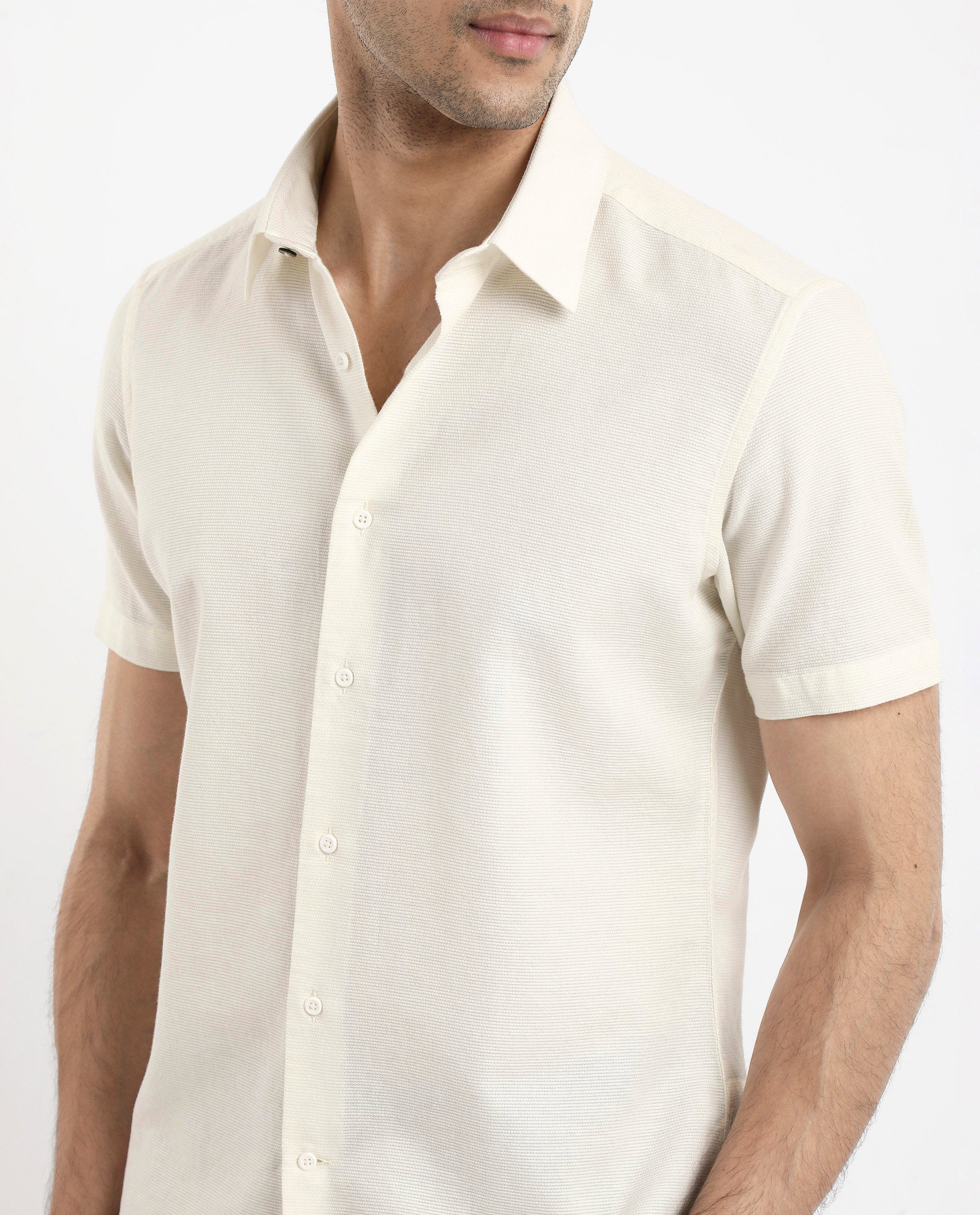 Rare Rabbit Men's Matto-1 White Cotton Fabric Short Sleeve Regular Fit Self Stripe Dobby Shirt