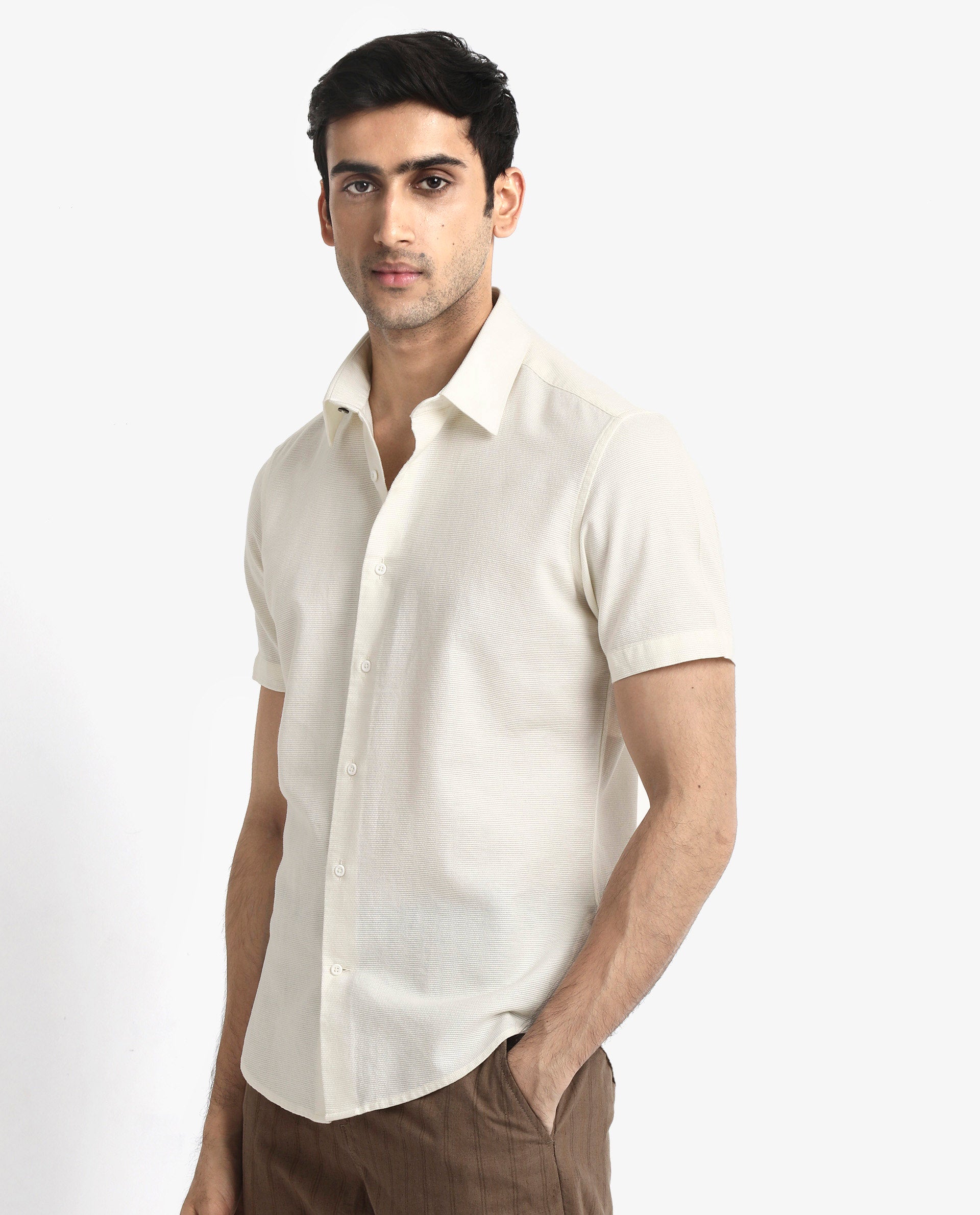 Rare Rabbit Men's Matto-1 White Cotton Fabric Short Sleeve Regular Fit Self Stripe Dobby Shirt