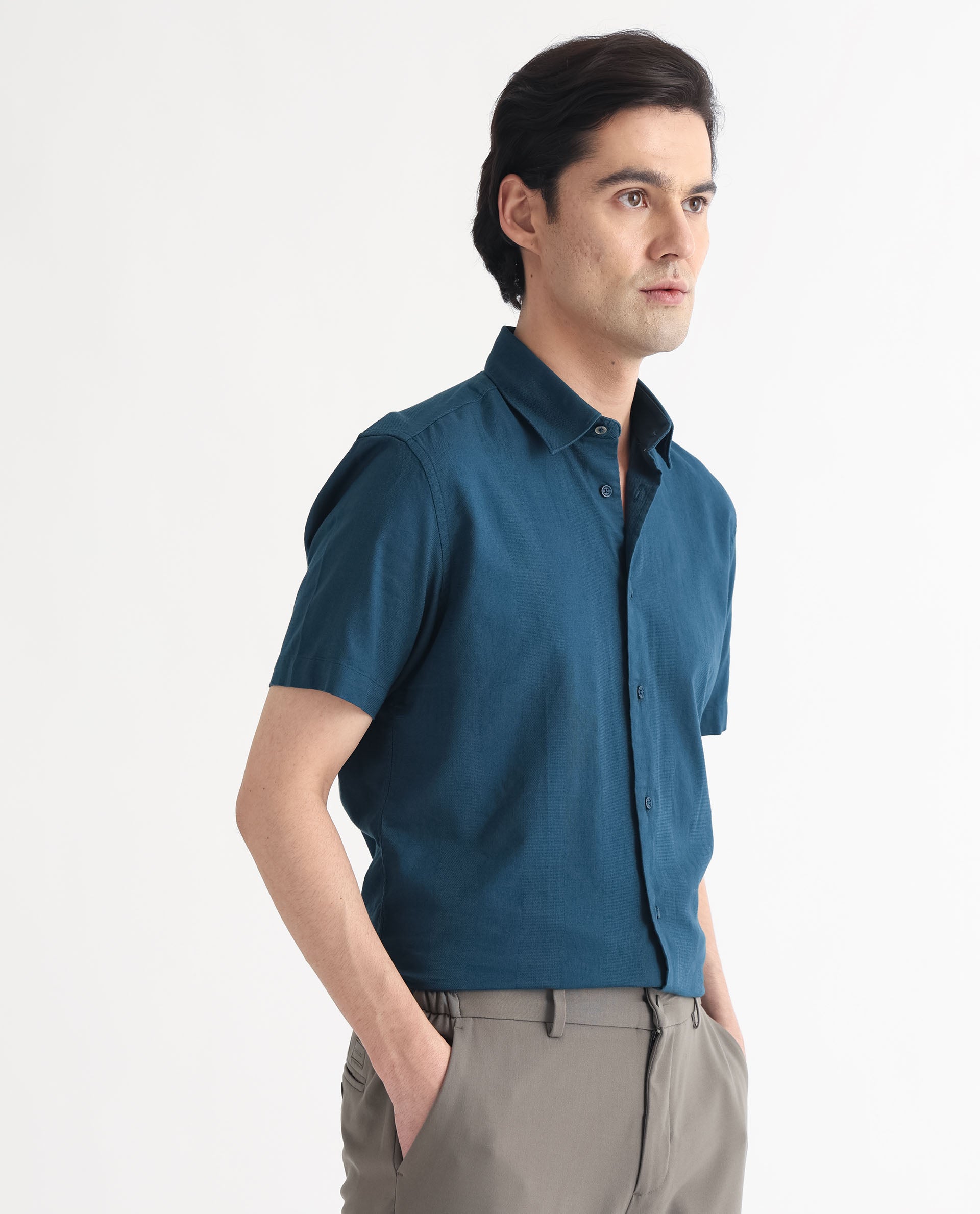 Rare Rabbit Men's Matto Petrol Cotton Fabric Short Sleeve Regular Fit Self Stripe Dobby Shirt