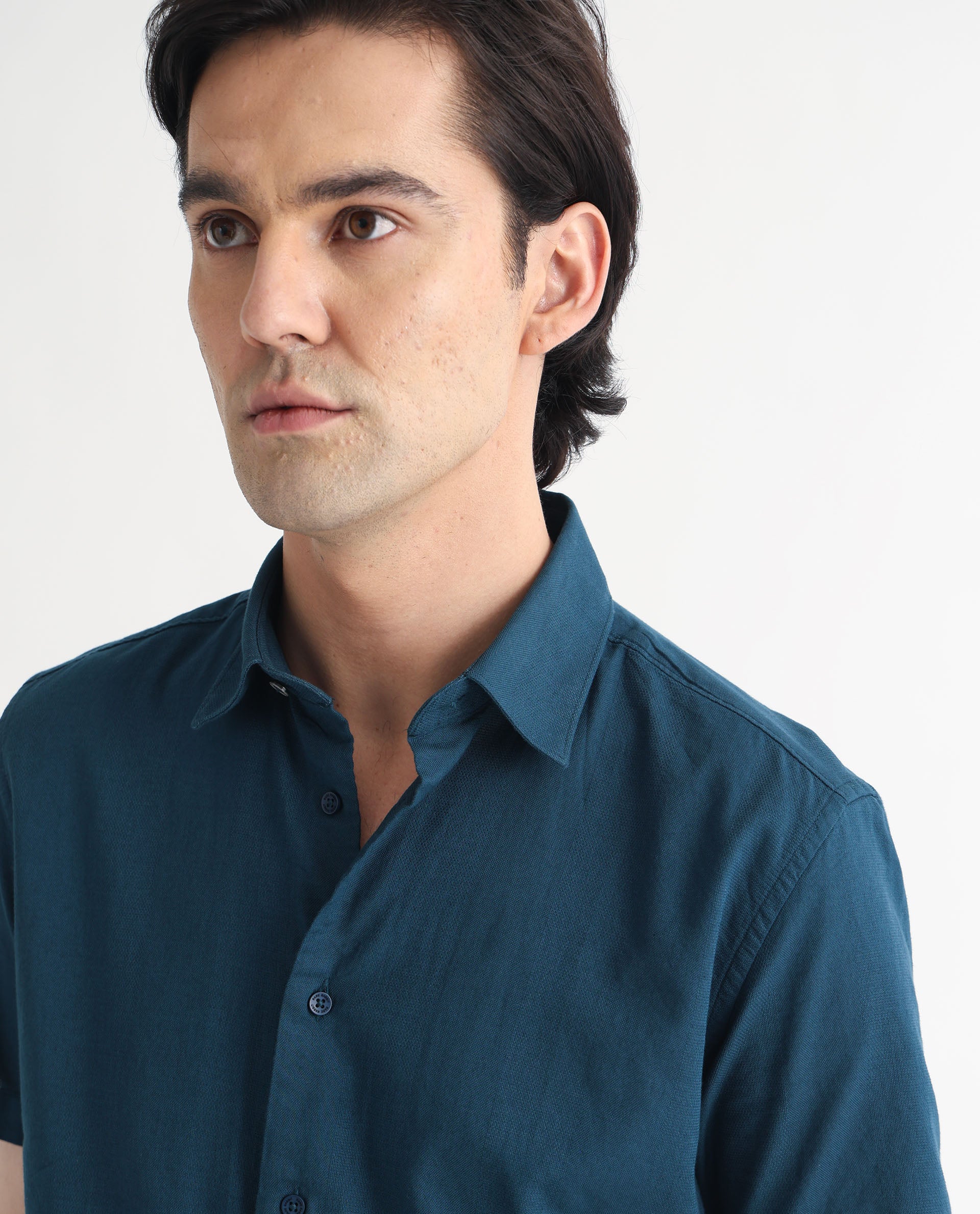 Rare Rabbit Men's Matto Petrol Cotton Fabric Short Sleeve Regular Fit Self Stripe Dobby Shirt