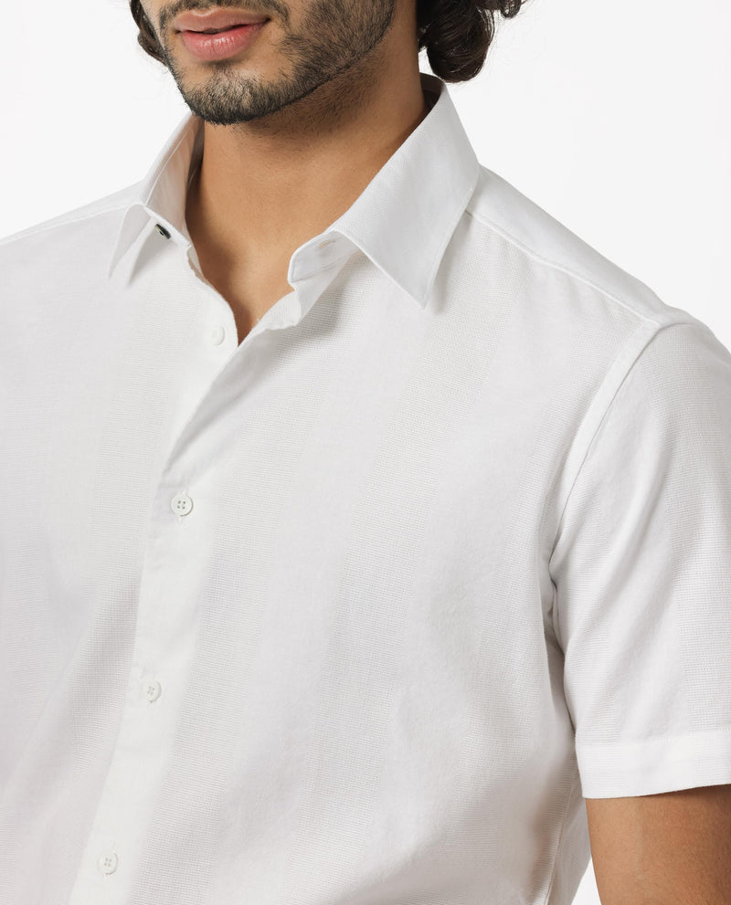 Rare Rabbit Men's Matto White Cotton Fabric Short Sleeve Regular Fit Self Stripe Dobby Shirt