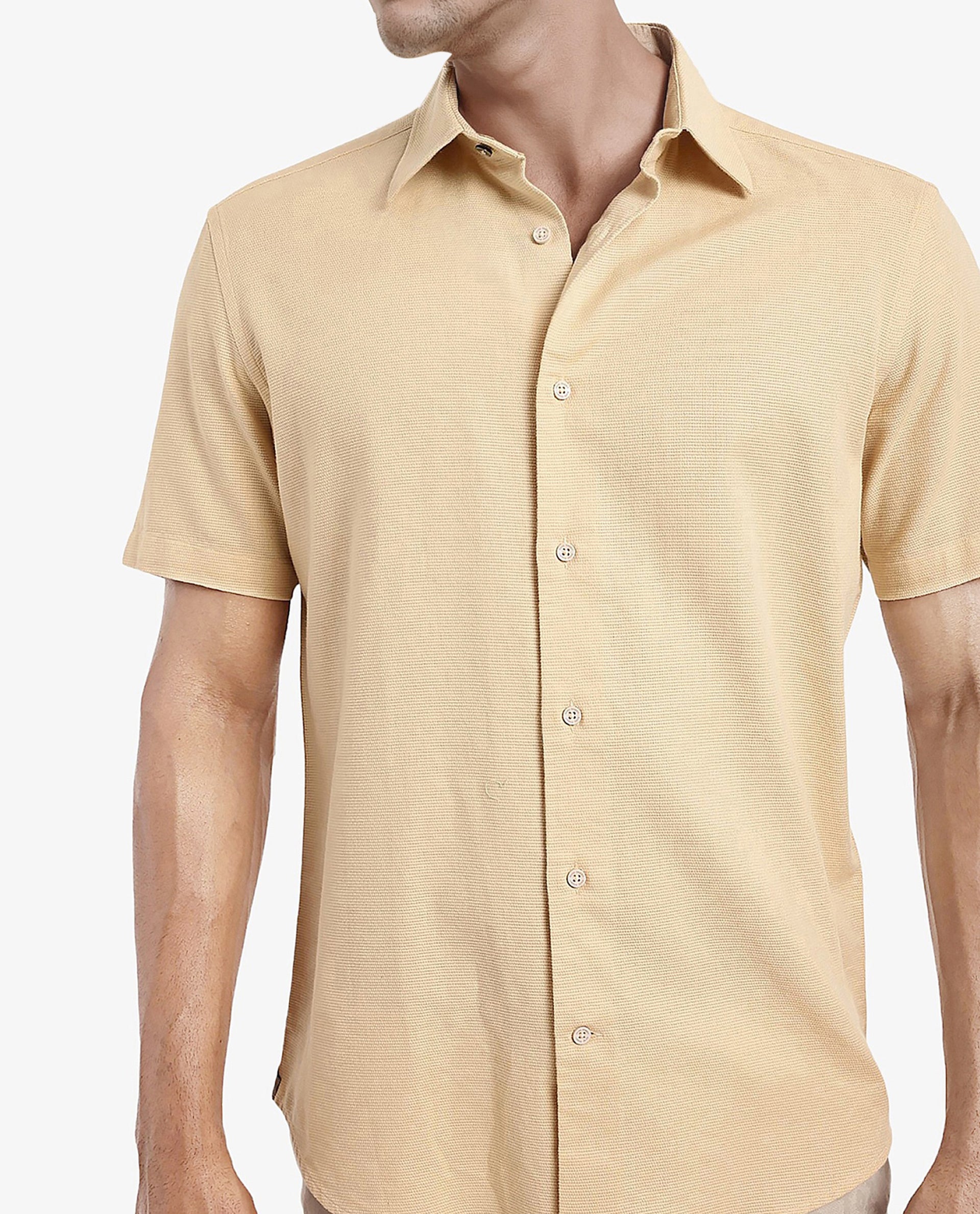 Rare Rabbit Men's Matto Light Yellow Cotton Fabric Short Sleeve Regular Fit Self Stripe Dobby Shirt