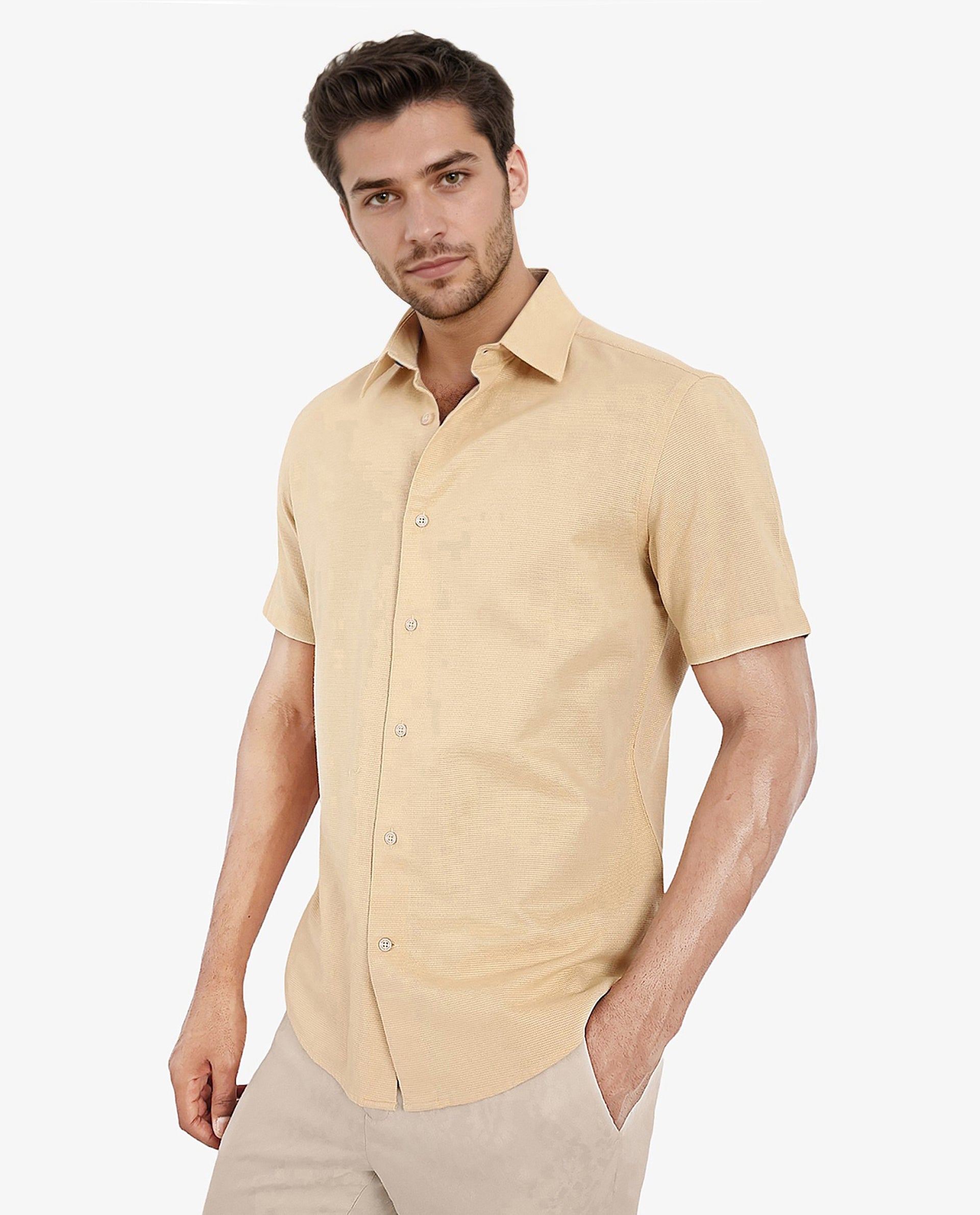 Rare Rabbit Men's Matto Light Yellow Cotton Fabric Short Sleeve Regular Fit Self Stripe Dobby Shirt