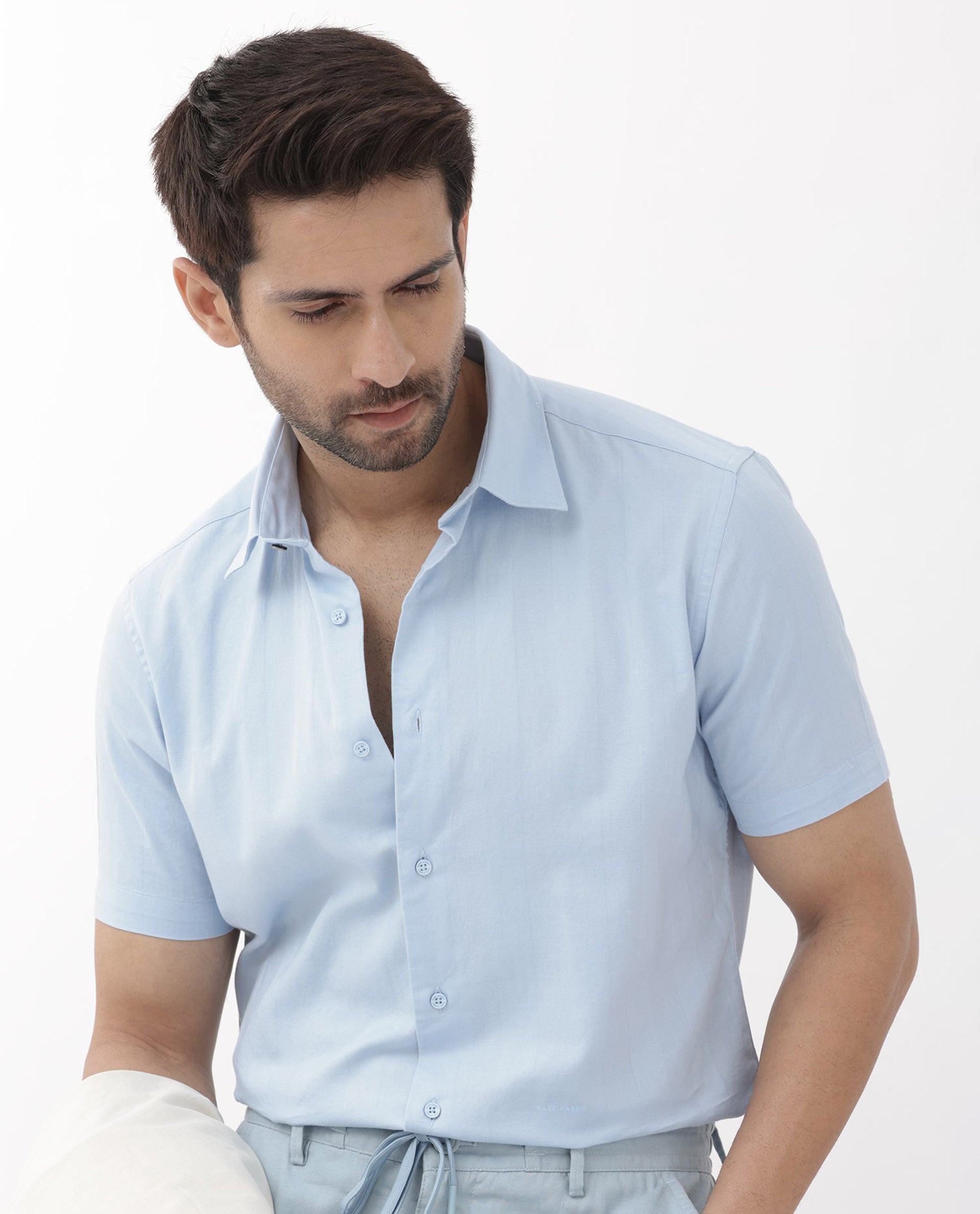 Rare Rabbit Men's Mattoo Light Blue Cotton Fabric Short Sleeve Boxy Fit Solid Shirt