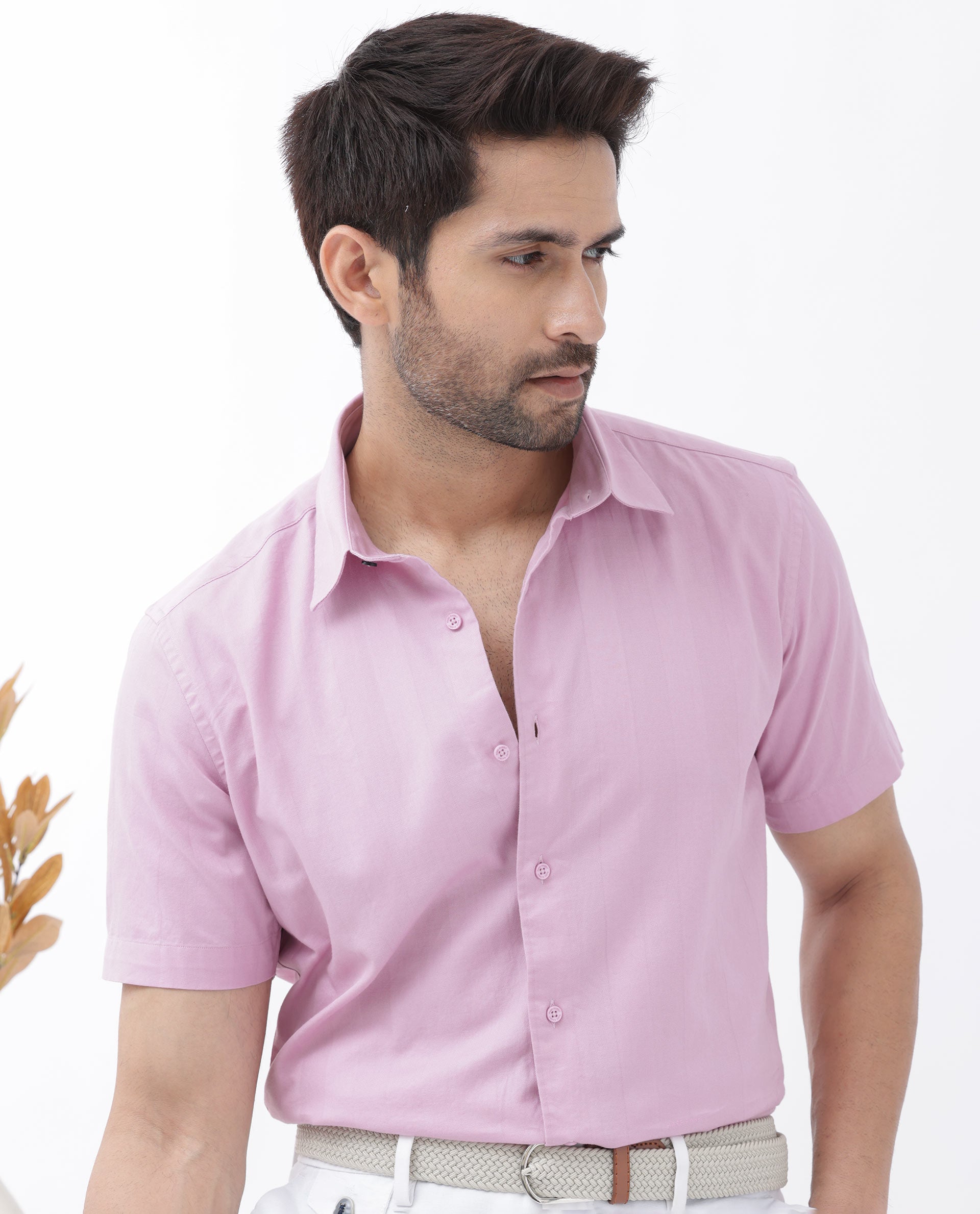 Rare Rabbit Men's Mattoo Pink Cotton Fabric Short Sleeve Boxy Fit Solid Shirt