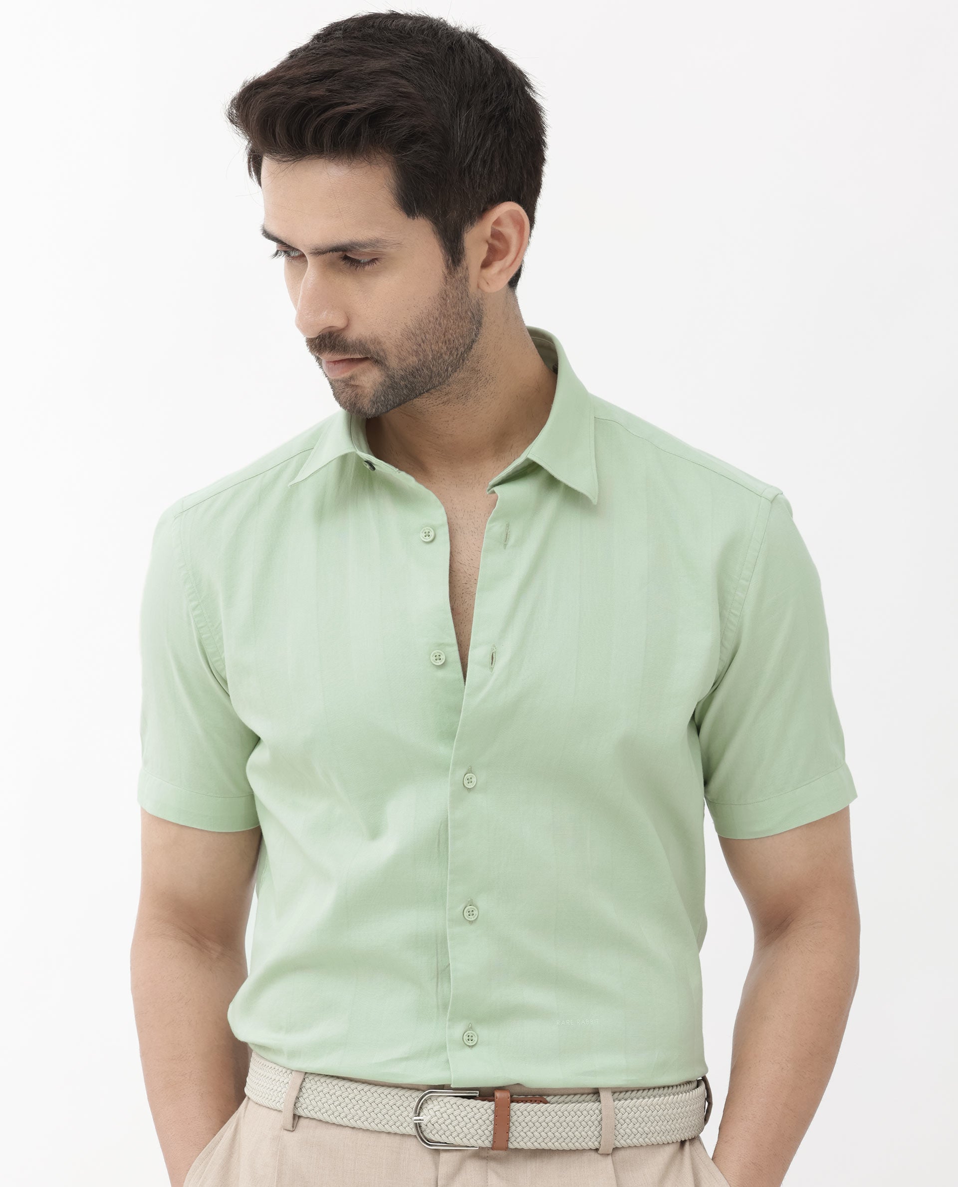 Rare Rabbit Men's Mattoo Dusky Green Cotton Fabric Short Sleeve Boxy Fit Solid Shirt