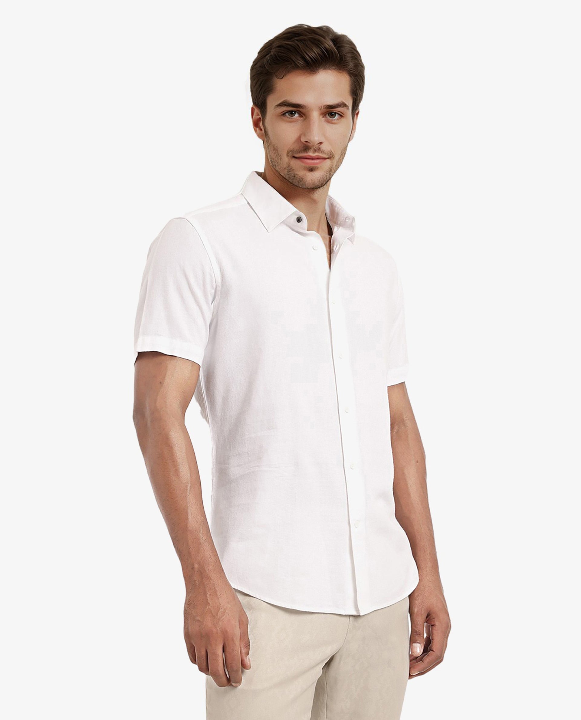 Rare Rabbit Men's Matto White Cotton Fabric Short Sleeve Regular Fit Self Stripe Dobby Shirt