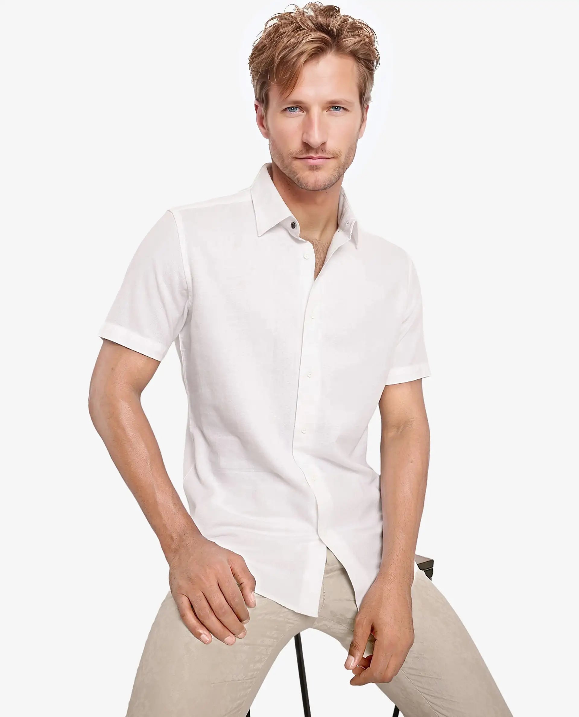 Rare Rabbit Men's Matto White Cotton Fabric Short Sleeve Regular Fit Self Stripe Dobby Shirt