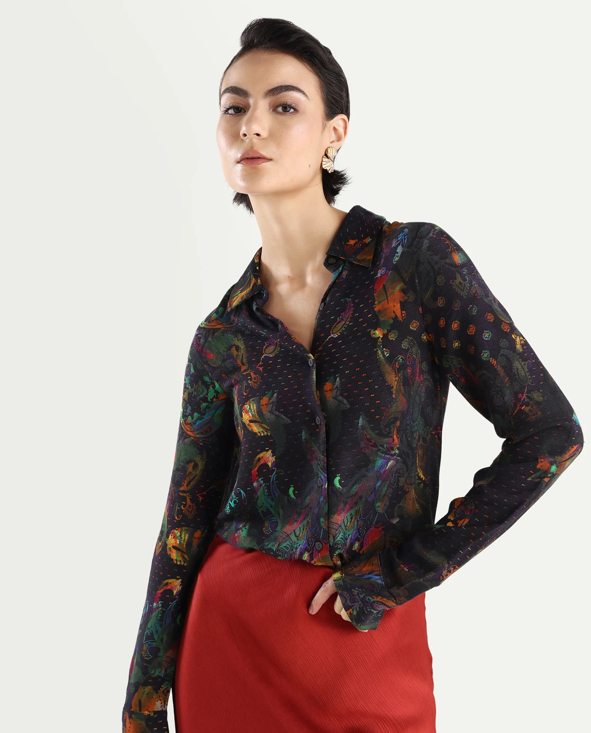 Rareism Women's Mausi Multi Rayon Drop Collar Paisley Print Cuffed Sleeve Regular Fit Shirt