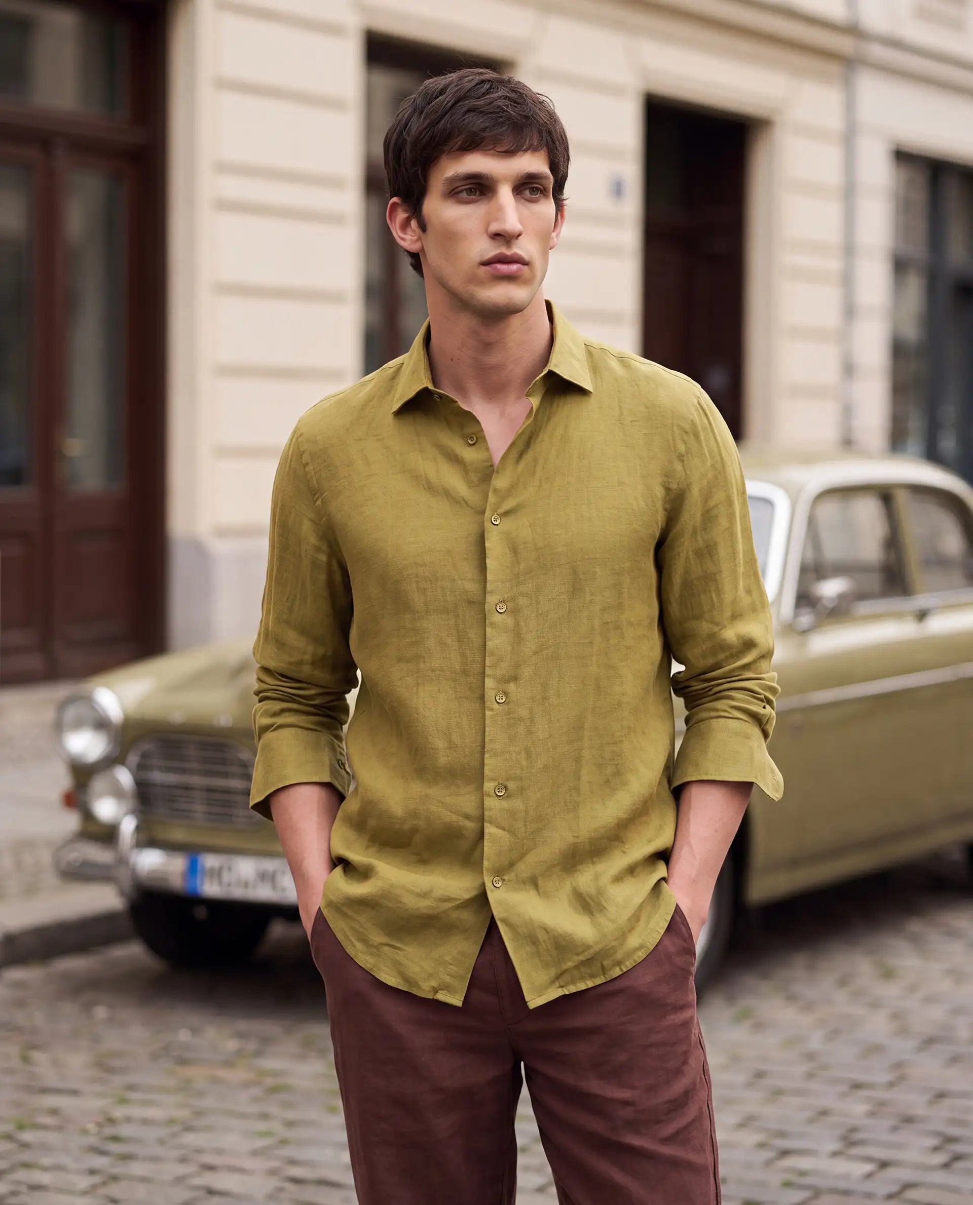 Rare Rabbit Men's Mavi-S26 Mustard 100% Linen Fabric Full Sleeve Spread Collar Regular Fit Plain Shirt