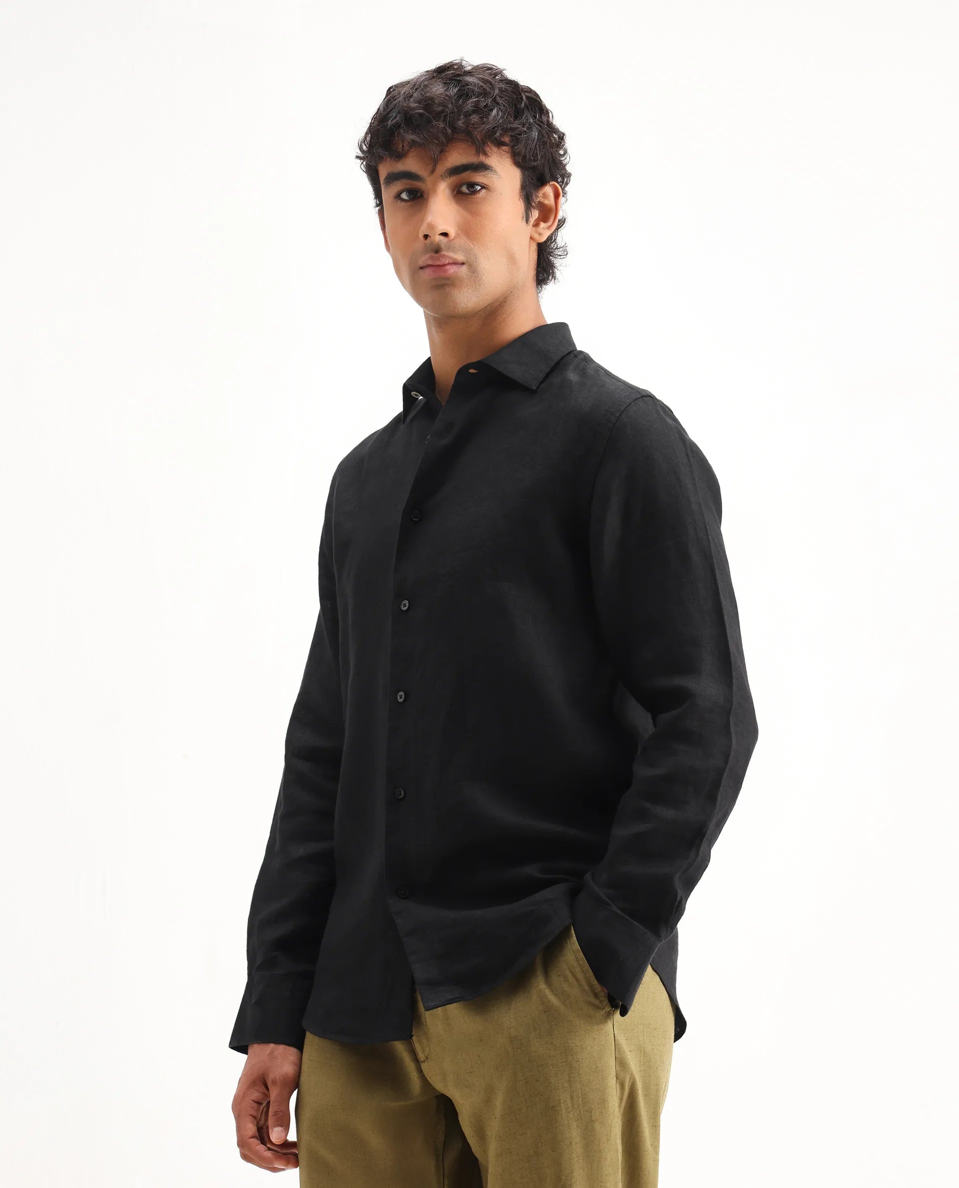 Rare Rabbit Men's Mavi Black Linen Plain Regular Fit Full Sleeve Collared Shirt