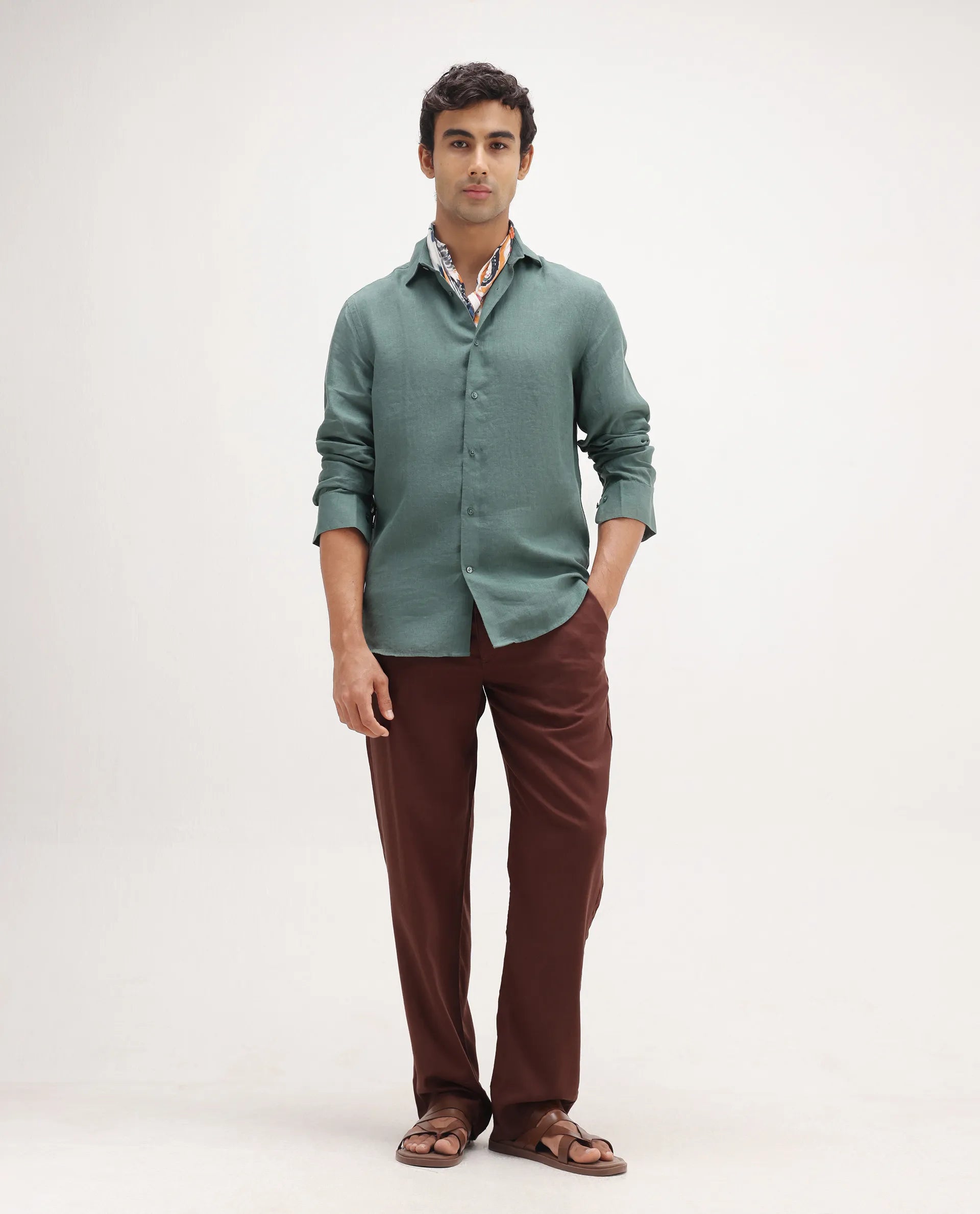 Rare Rabbit Men's Mavi Dusky Green Linen Plain Regular Fit Full Sleeve Collared Shirt