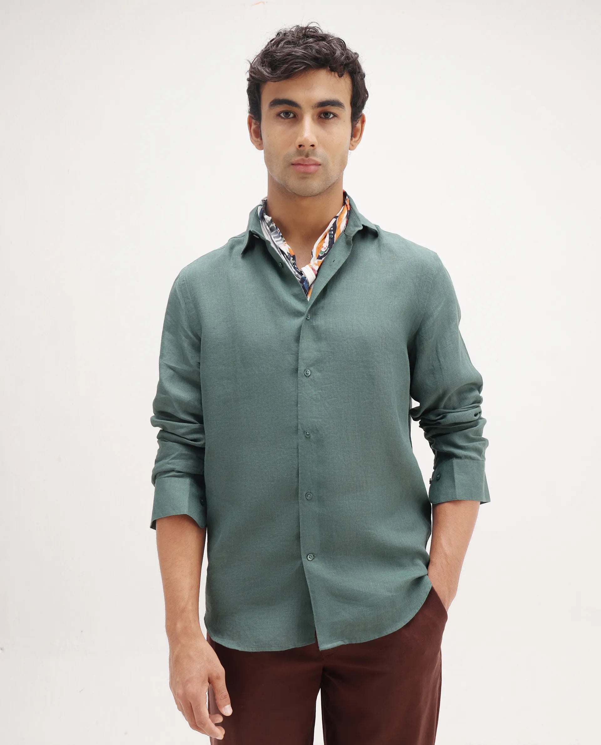 Rare Rabbit Men's Mavi Dusky Green Linen Plain Regular Fit Full Sleeve Collared Shirt