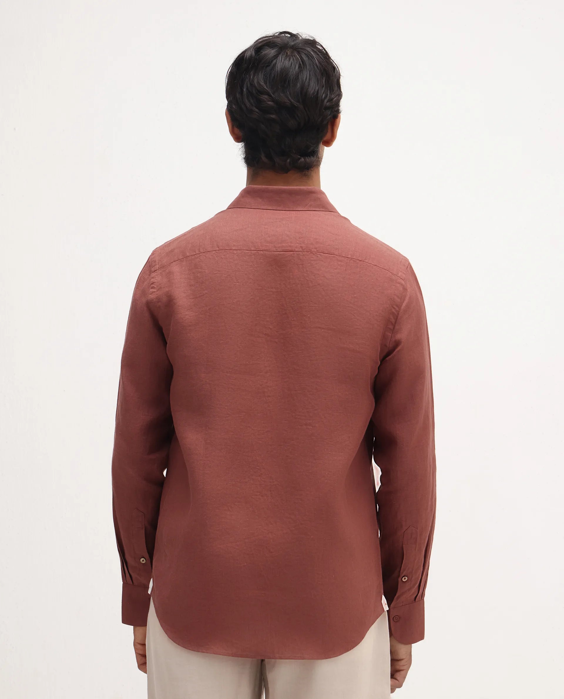 Rare Rabbit Men's Mavi Rust Linen Plain Regular Fit Full Sleeve Collared Shirt