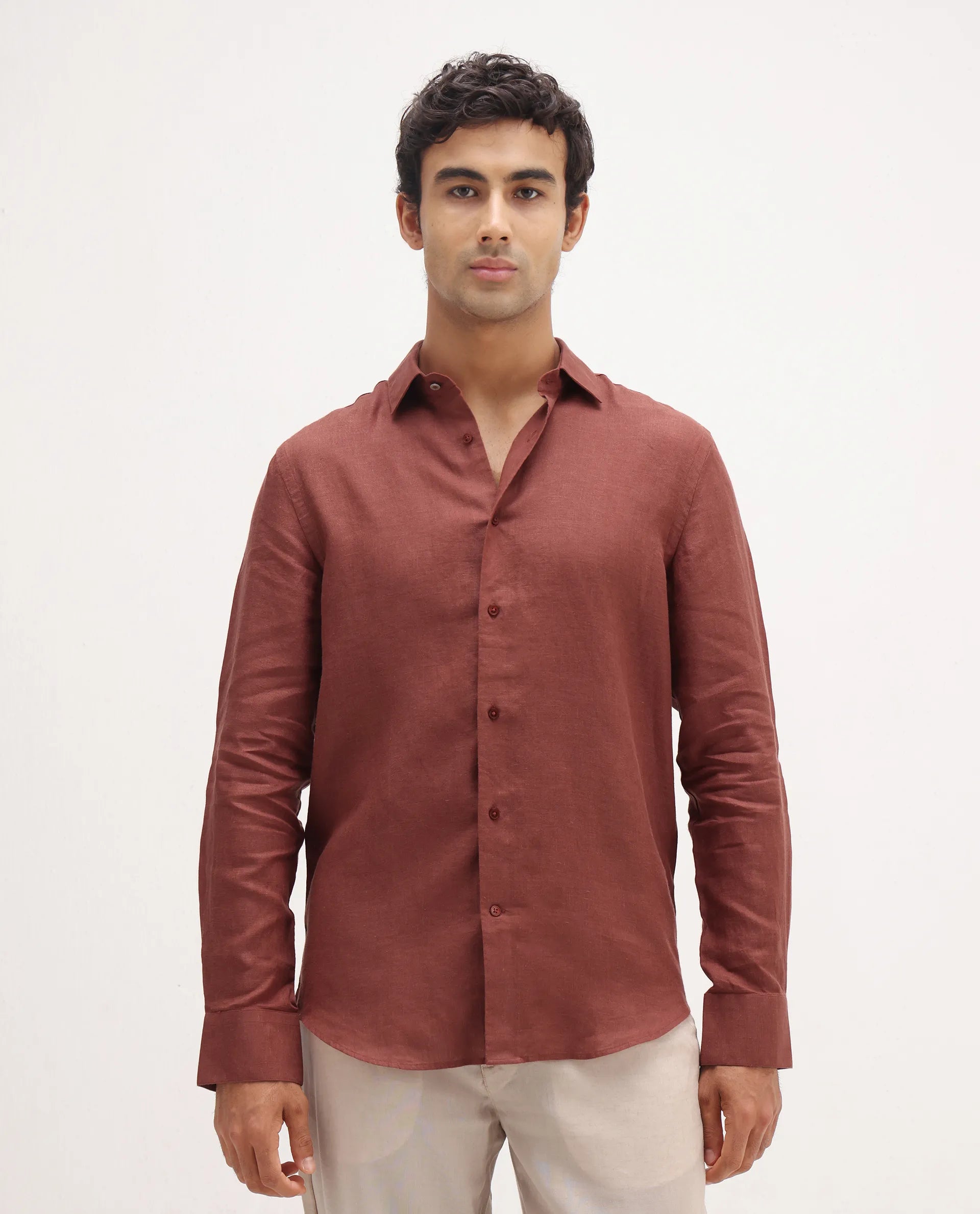 Rare Rabbit Men's Mavi Rust Linen Plain Regular Fit Full Sleeve Collared Shirt