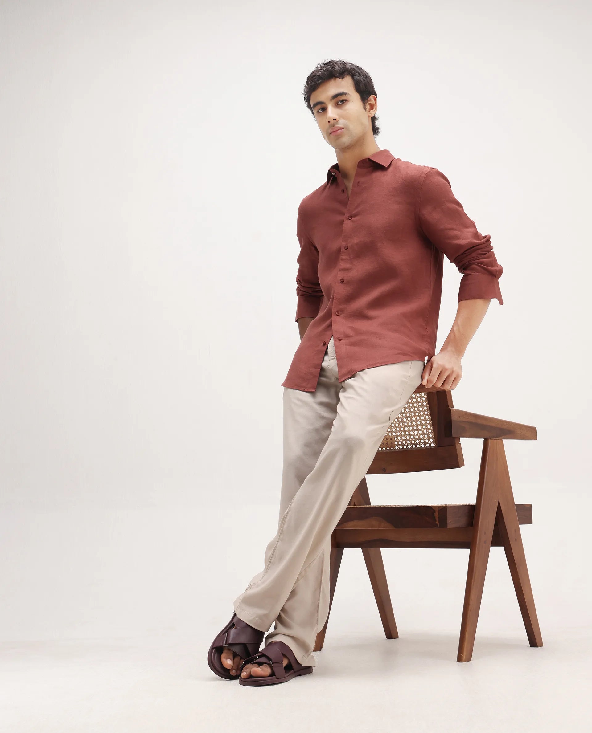 Rare Rabbit Men's Mavi Rust Linen Plain Regular Fit Full Sleeve Collared Shirt