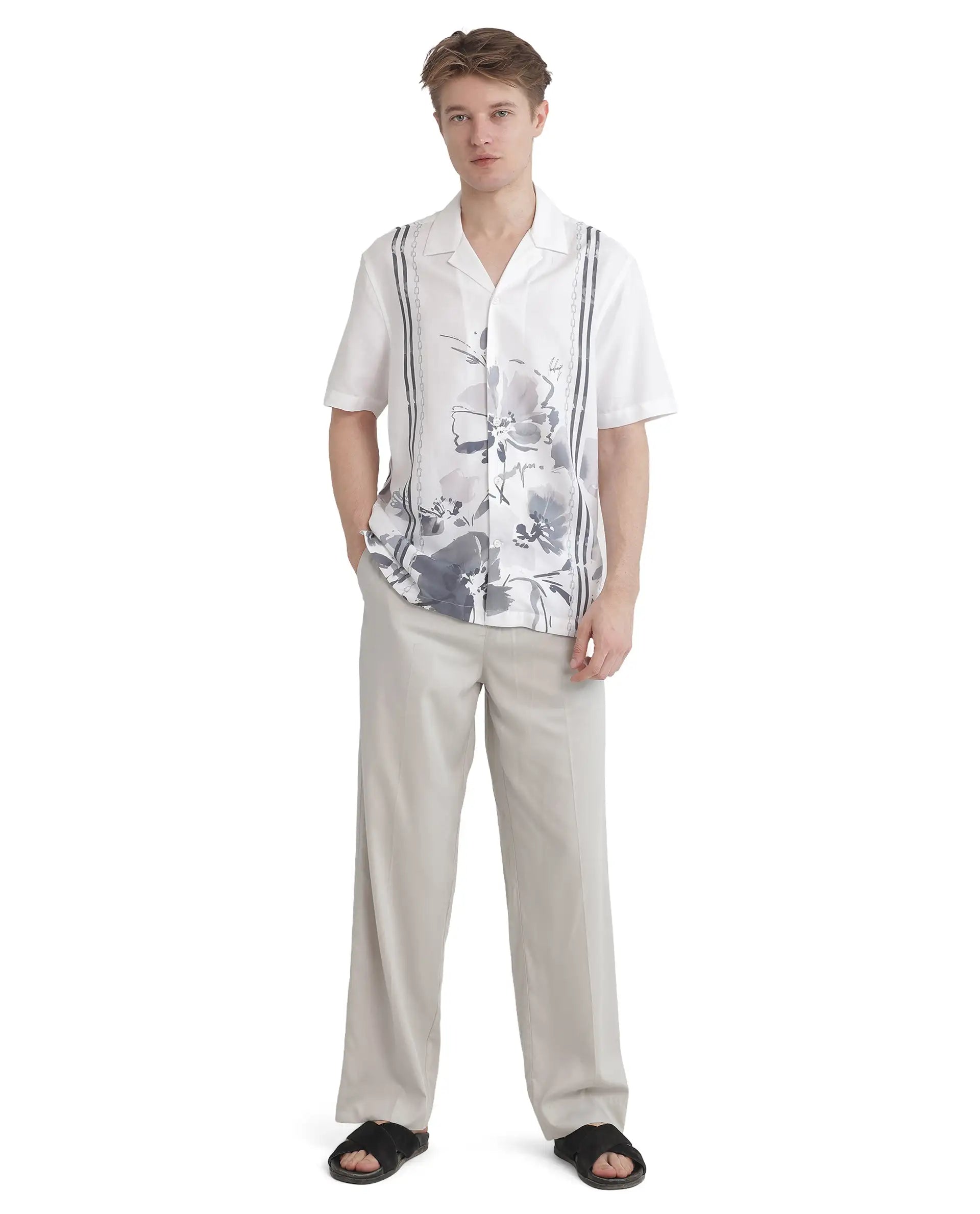 Rare Rabbit Men's Mavo White Cotton Modal Fabric Half Sleeve Cuban Collar Button Closure Relaxed Fit Floral Print Shirt