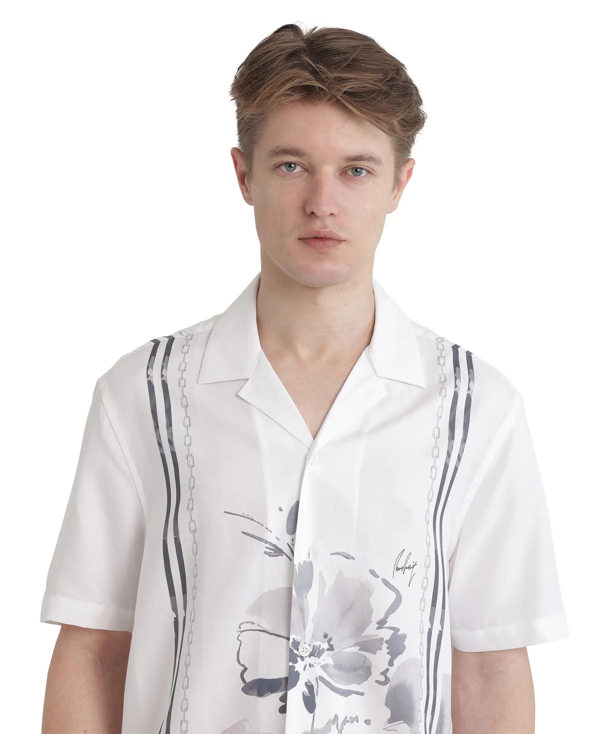 Rare Rabbit Men's Mavo White Cotton Modal Fabric Half Sleeve Cuban Collar Button Closure Relaxed Fit Floral Print Shirt