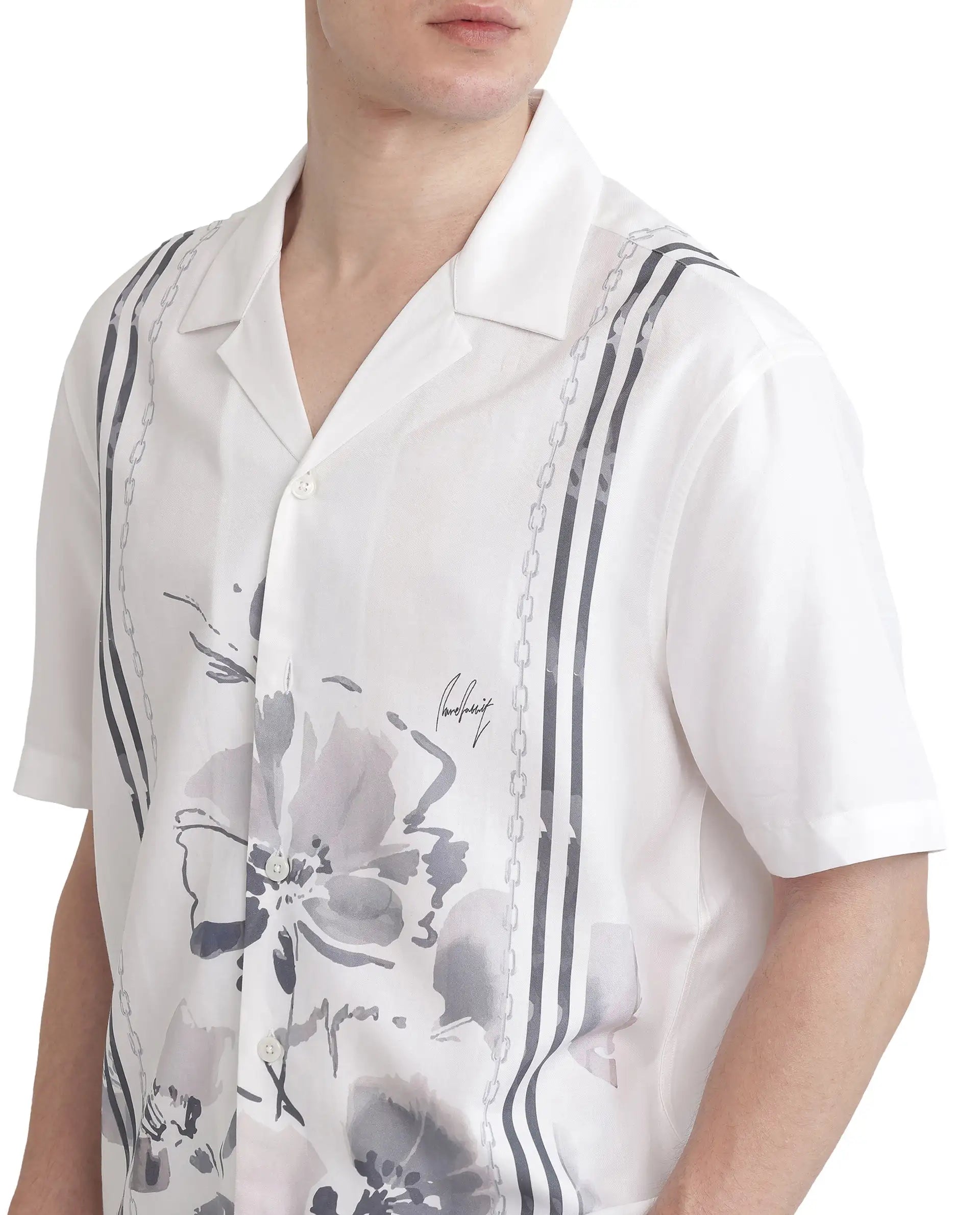 Rare Rabbit Men's Mavo White Cotton Modal Fabric Half Sleeve Cuban Collar Button Closure Relaxed Fit Floral Print Shirt