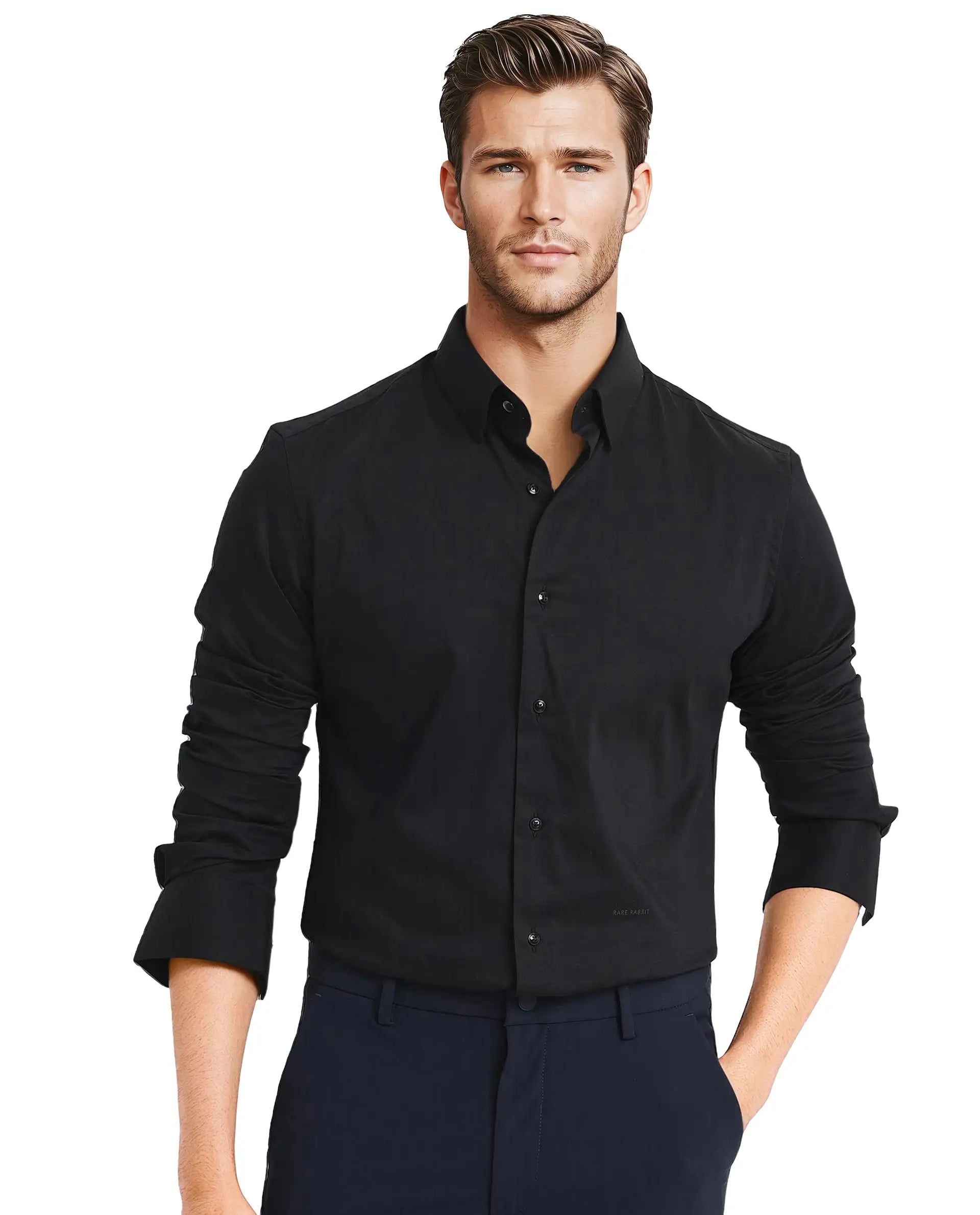 Rare Rabbit Men Mawz Black Cotton Polyester Fabric Full Sleeve Regular Fit Plain Twill Shirt