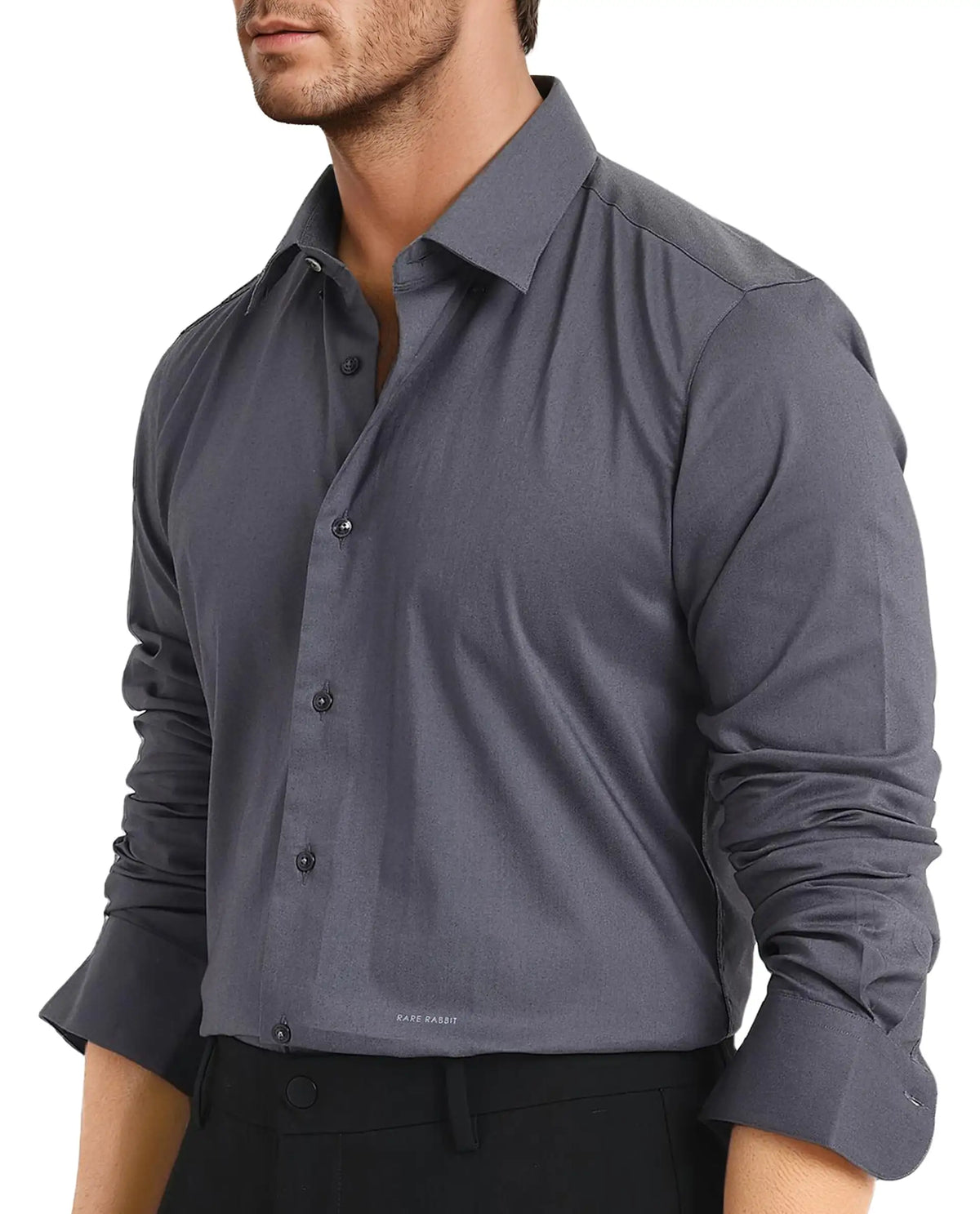 Rare Rabbit Men Mawz Dark Grey Cotton Polyester Fabric Full Sleeve Regular Fit Plain Twill Shirt