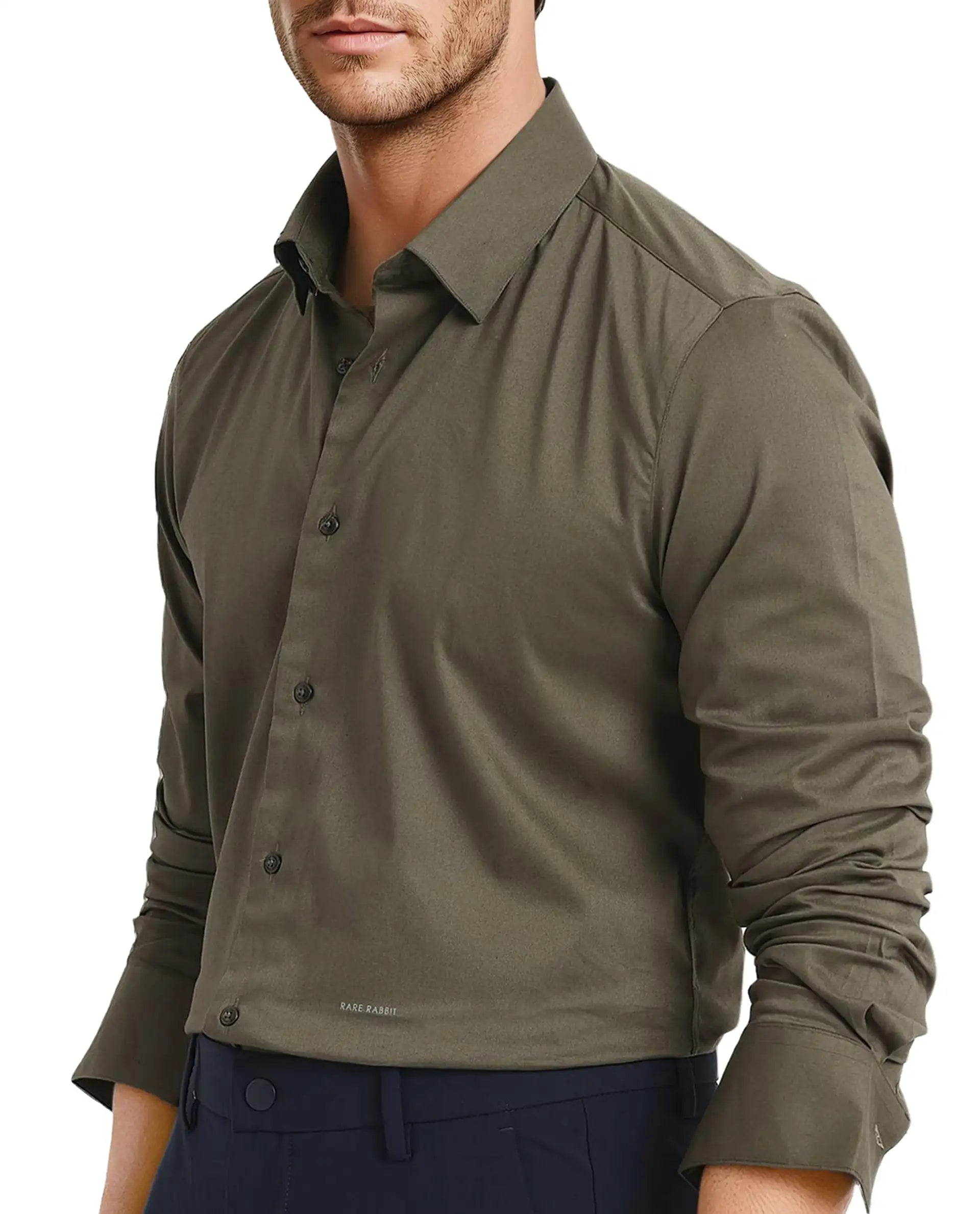 Rare Rabbit Men Mawz Olive Cotton Polyester Fabric Full Sleeve Regular Fit Plain Twill Shirt