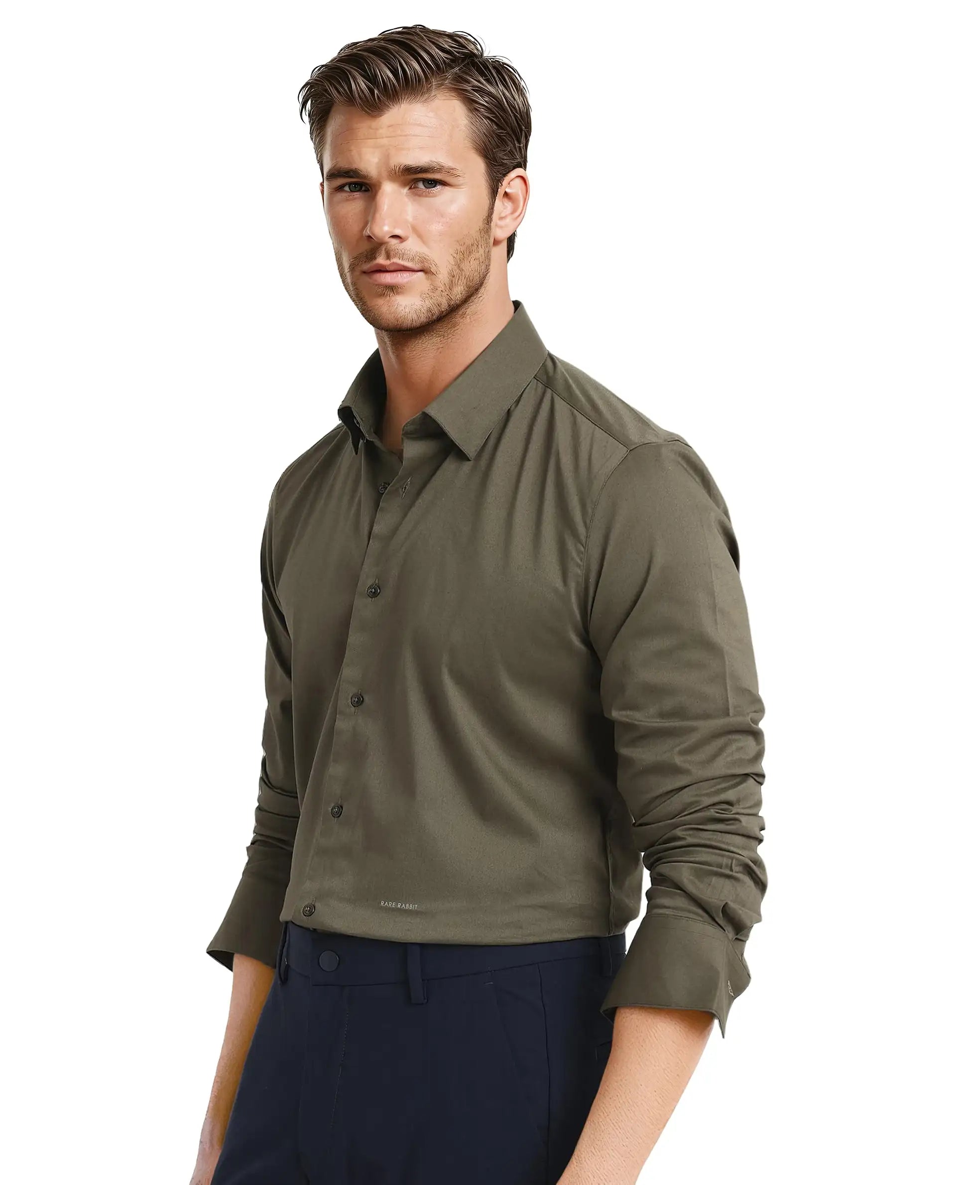 Rare Rabbit Men Mawz Olive Cotton Polyester Fabric Full Sleeve Regular Fit Plain Twill Shirt