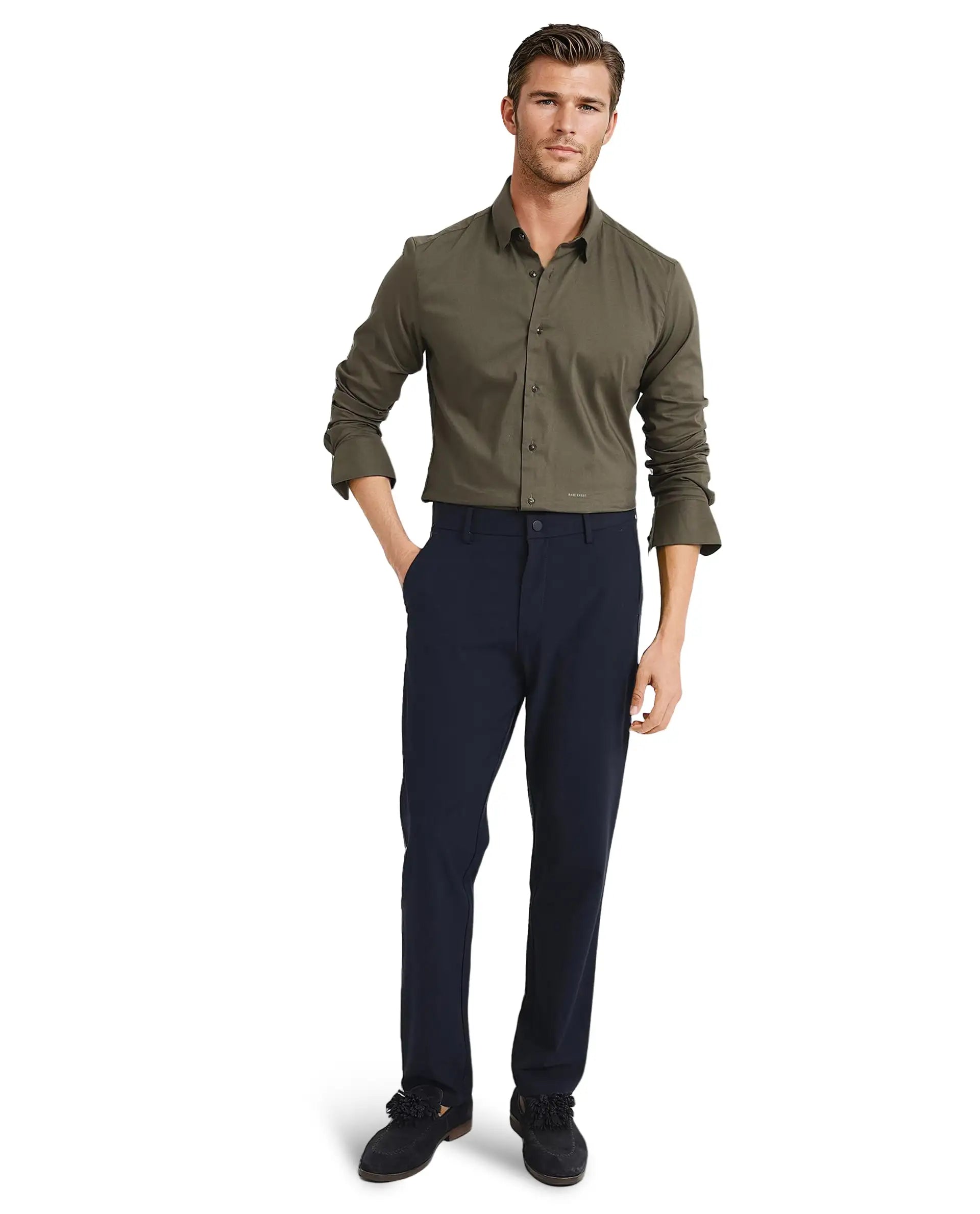 Rare Rabbit Men Mawz Olive Cotton Polyester Fabric Full Sleeve Regular Fit Plain Twill Shirt