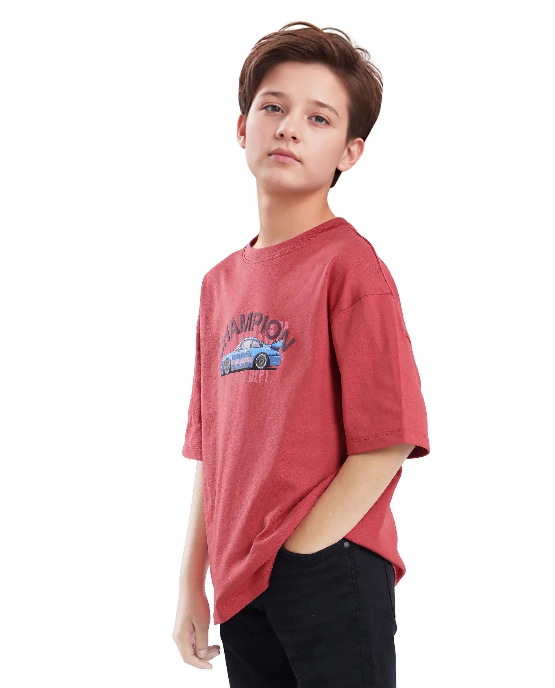 Rare Ones Kids Max Dusky Red Cotton Printed Slip-On Oversized Fit T-Shirt
