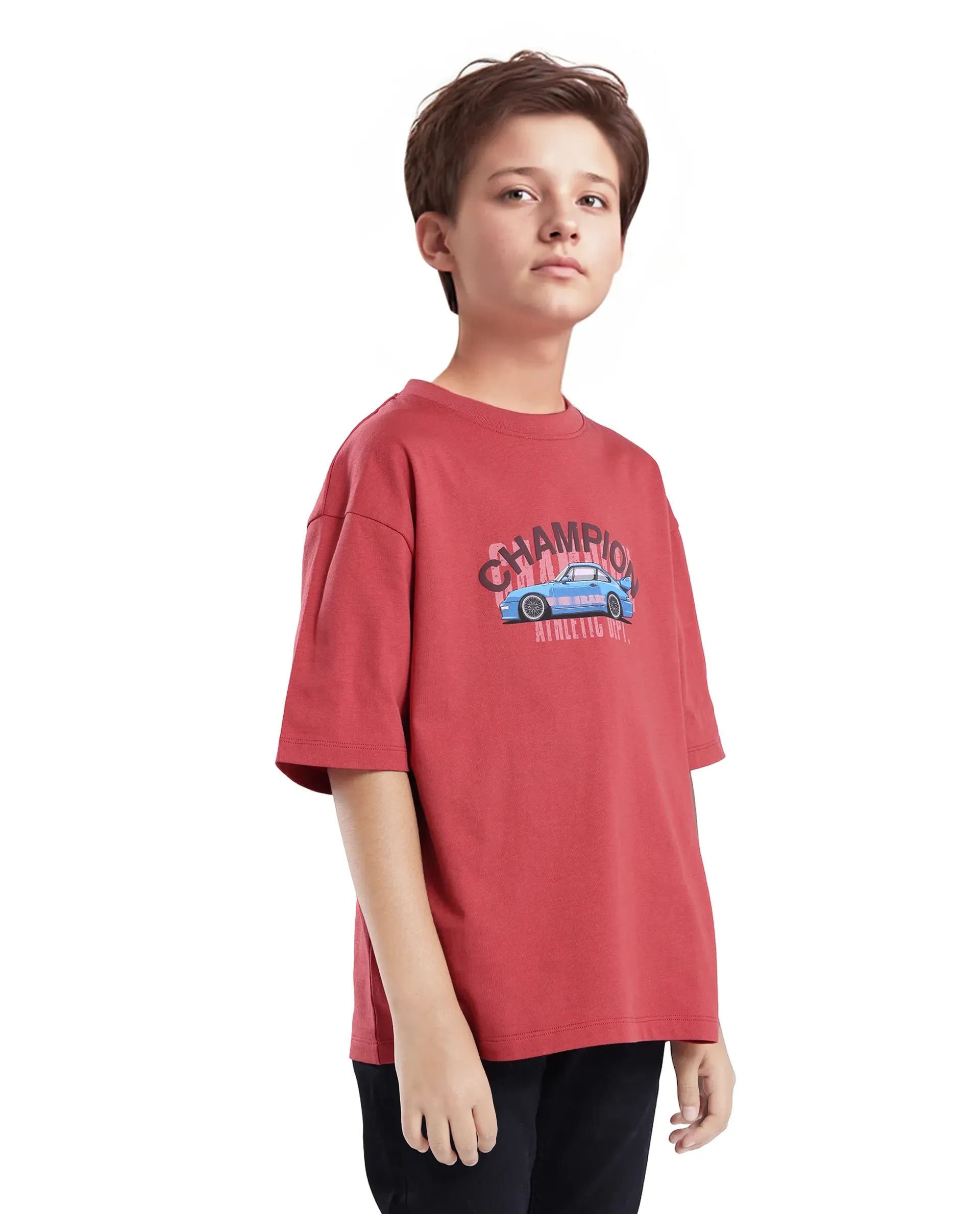 Rare Ones Kids Max Dusky Red Cotton Printed Slip-On Oversized Fit T-Shirt