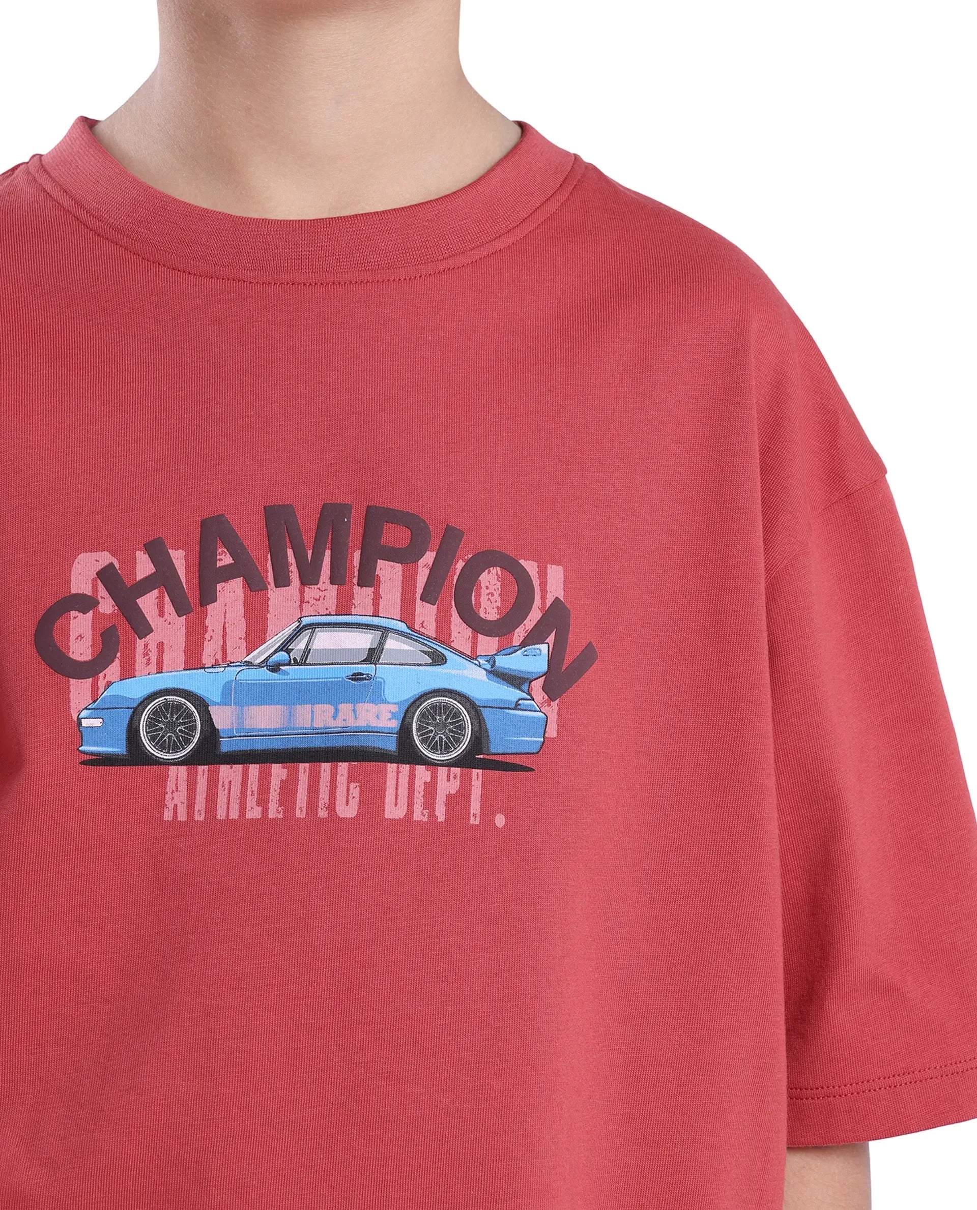 Rare Ones Kids Max Dusky Red Cotton Printed Slip-On Oversized Fit T-Shirt